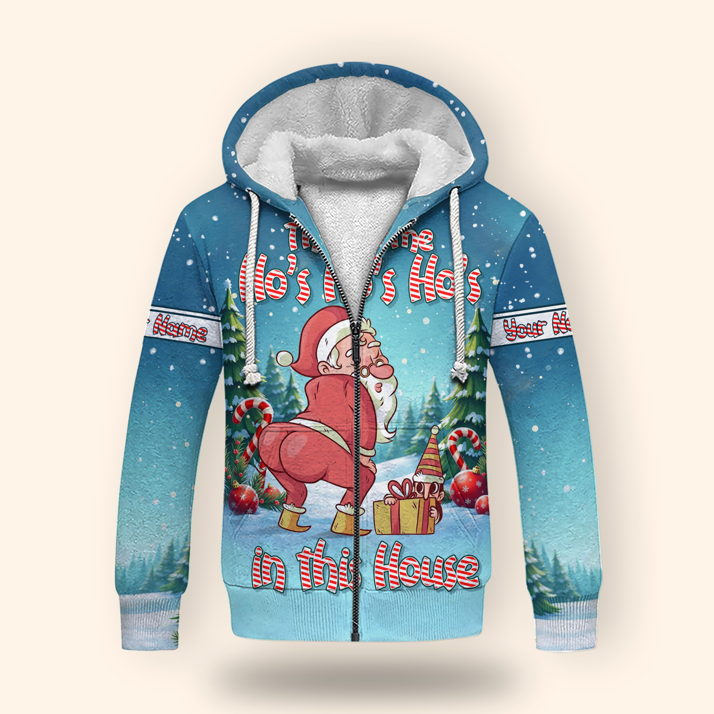 There Some Ho’s In This House Hoodie – Funny Santa Butt Design, Custom Name Christmas Zip Up, Custom Choo