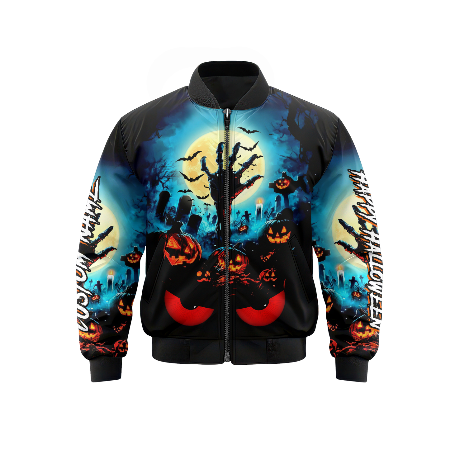 Personalized Halloween Hoodie – Scary Pumpkin Graveyard Full Moon Zip Up, Custom Choo