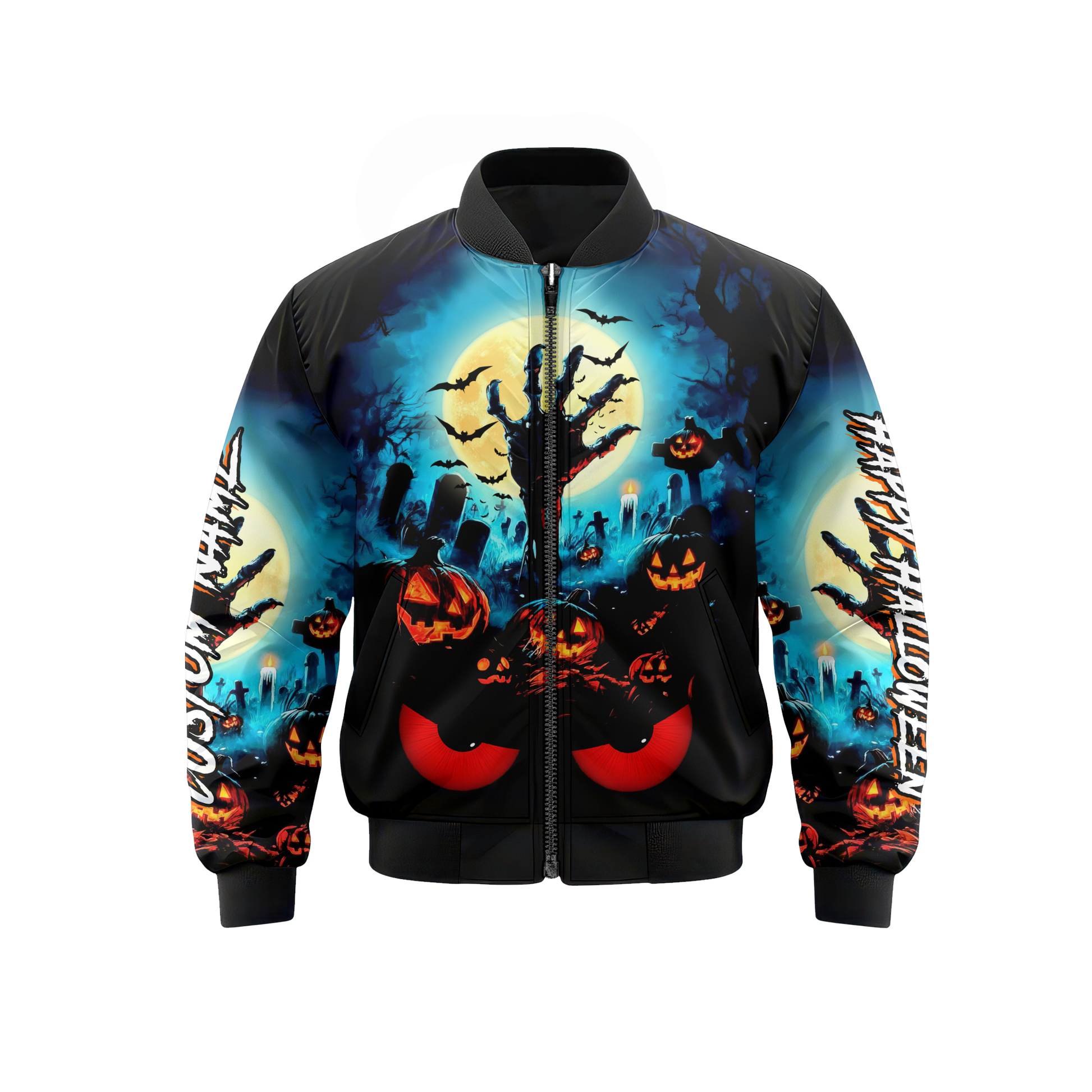 Personalized Halloween Hoodie – Scary Pumpkin Graveyard Full Moon Zip Up, Custom Choo