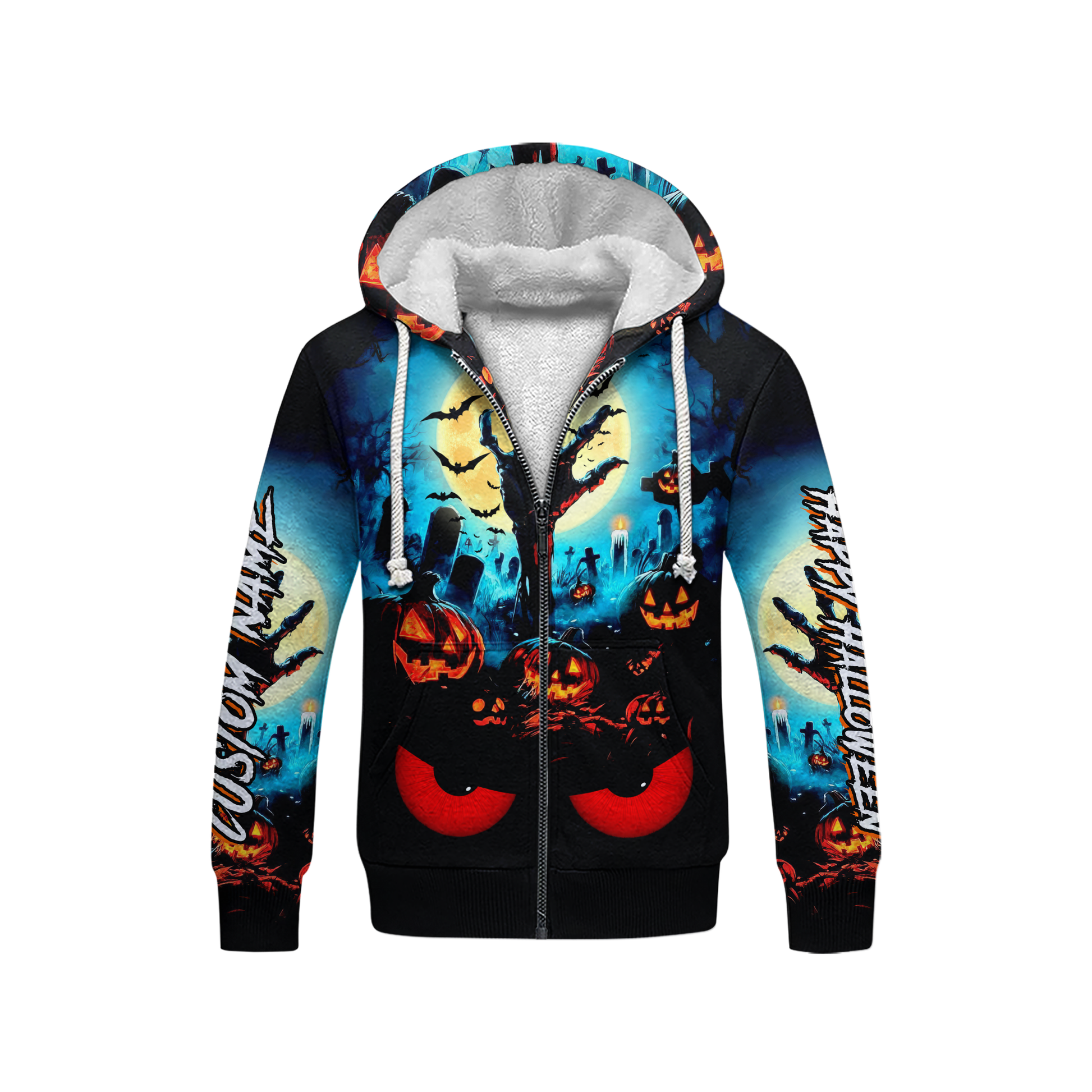 Personalized Halloween Hoodie – Scary Pumpkin Graveyard Full Moon Zip Up, Custom Choo