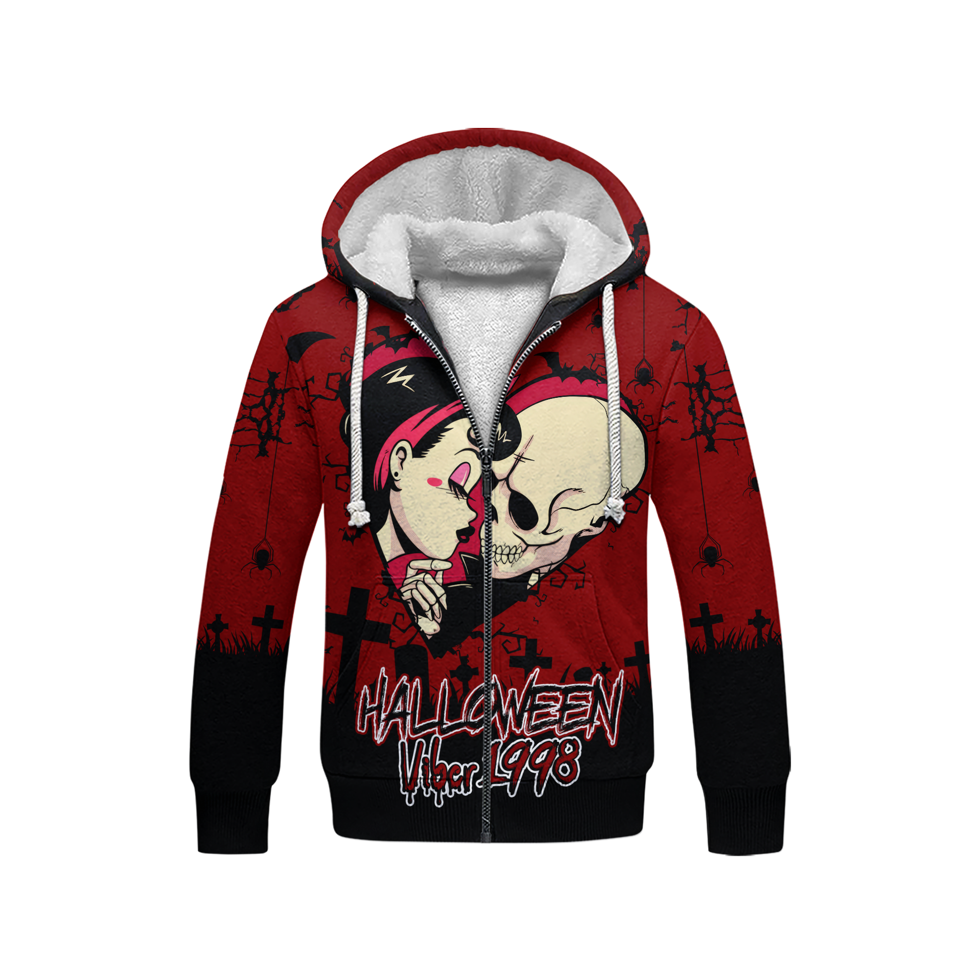 Halloween Couple Hoodie – Gothic Skull & Girl Love – Spooky Vibes Zip Up Hoodie, Custom Choo