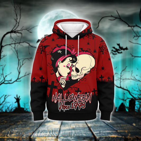 Halloween Couple Hoodie – Gothic Skull & Girl Love – Spooky Vibes Zip Up Hoodie, Custom Choo