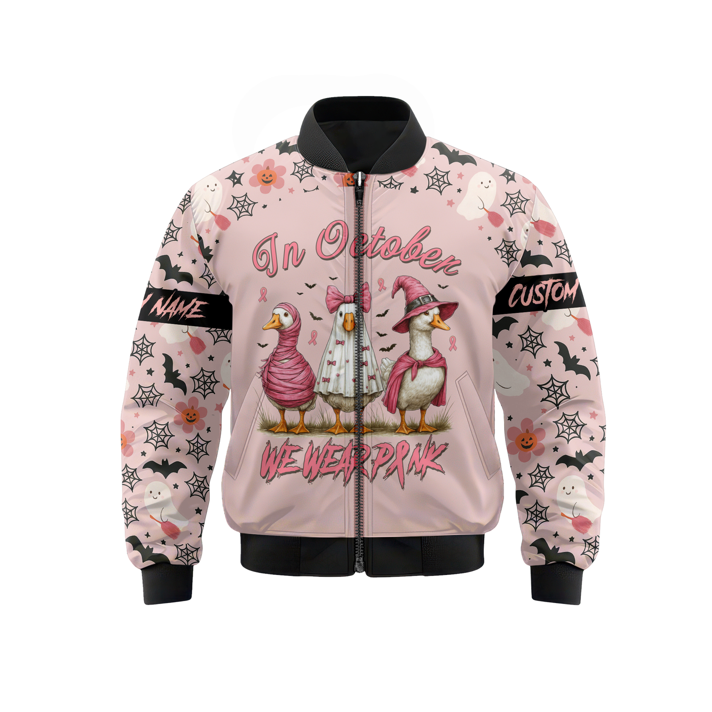 In October We Wear Pink Goose Hoodie – Breast Cancer Awareness Halloween Zip Up, Custom Choo