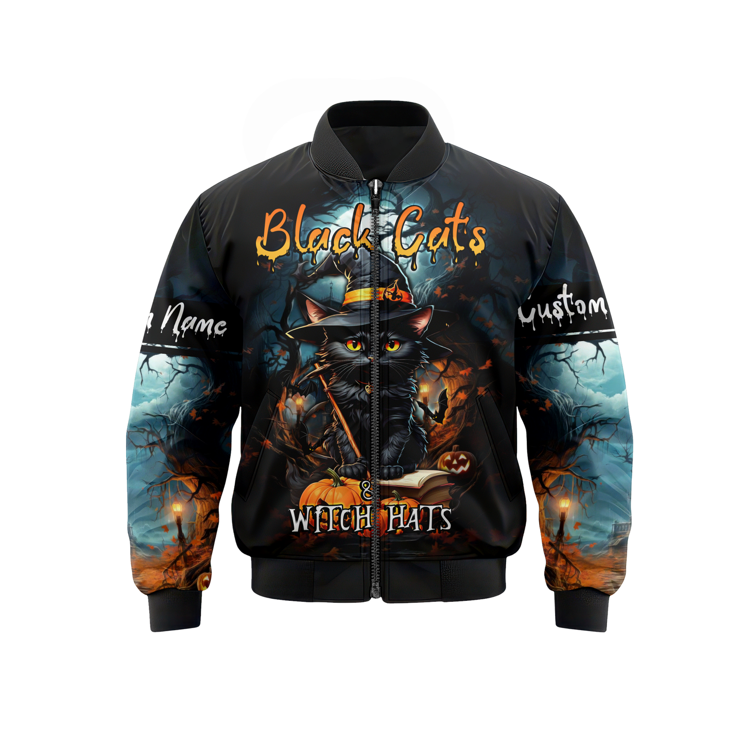 Black Cats & Witch Hats Hoodie – Personalized Halloween Cat Zip Up Jacket, Custom Choo