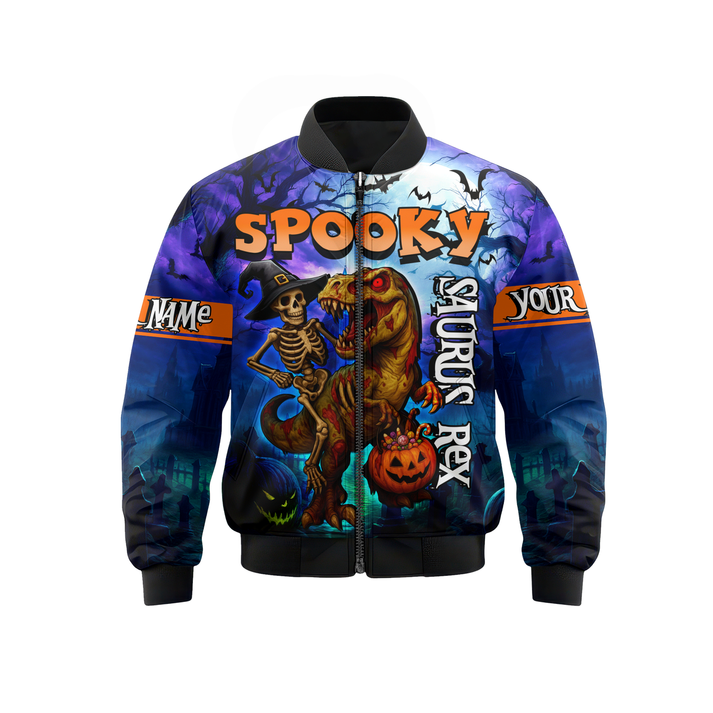 Spooky Saurus Rex Hoodie – Halloween Dinosaur & Skeleton Zip Up, Custom Name Gift, Custom Choo