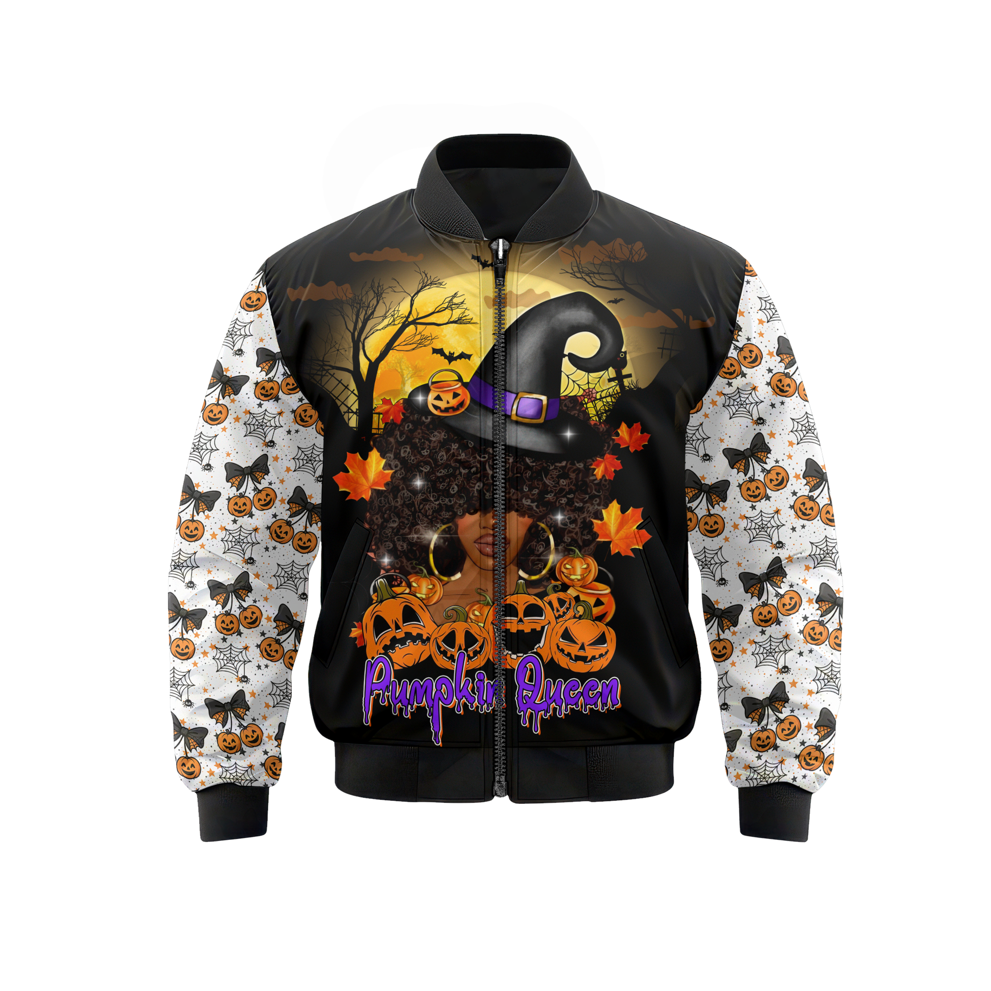 Pumpkin Queen Hoodie – Halloween Witch Girl Zip Up Jacket with Pumpkin Design, Custom Choo