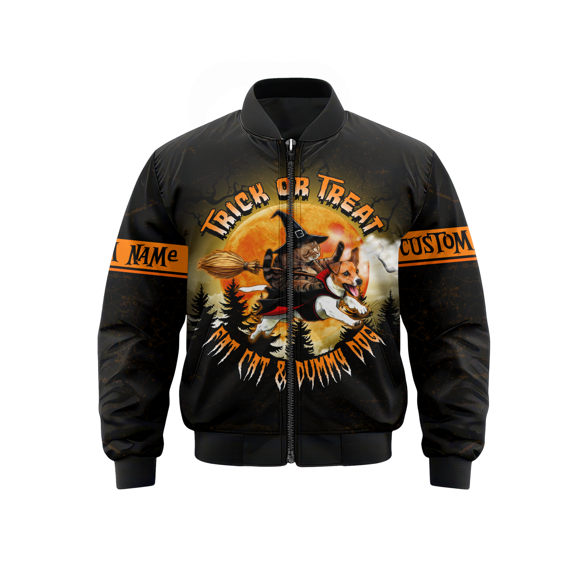 Trick or Treat Hoodie – Fat Cat & Dummy Dog Halloween Zip Up, Custom Name Gift, Custom Choo