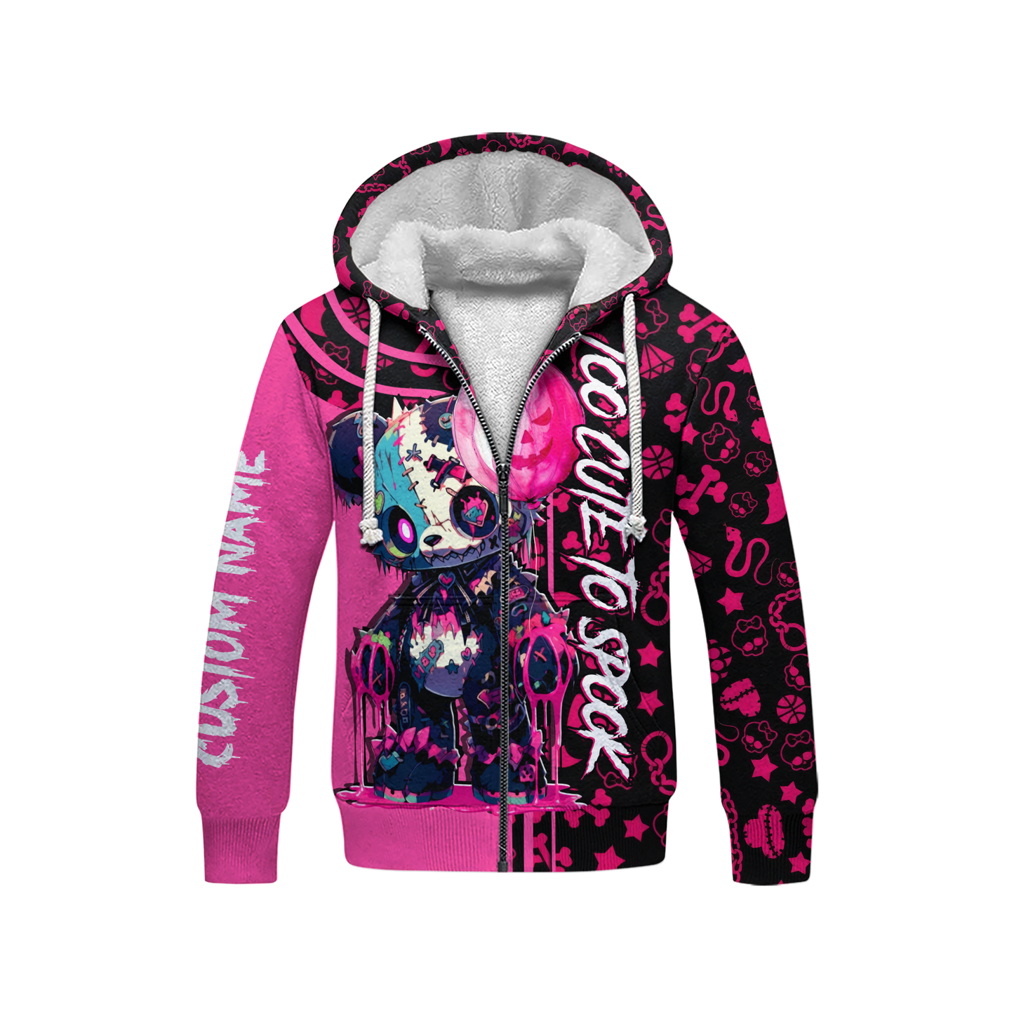 Custom Name Halloween Hoodie – Cute Scary Teddy Bear Pink Black Outfit, Custom Choo