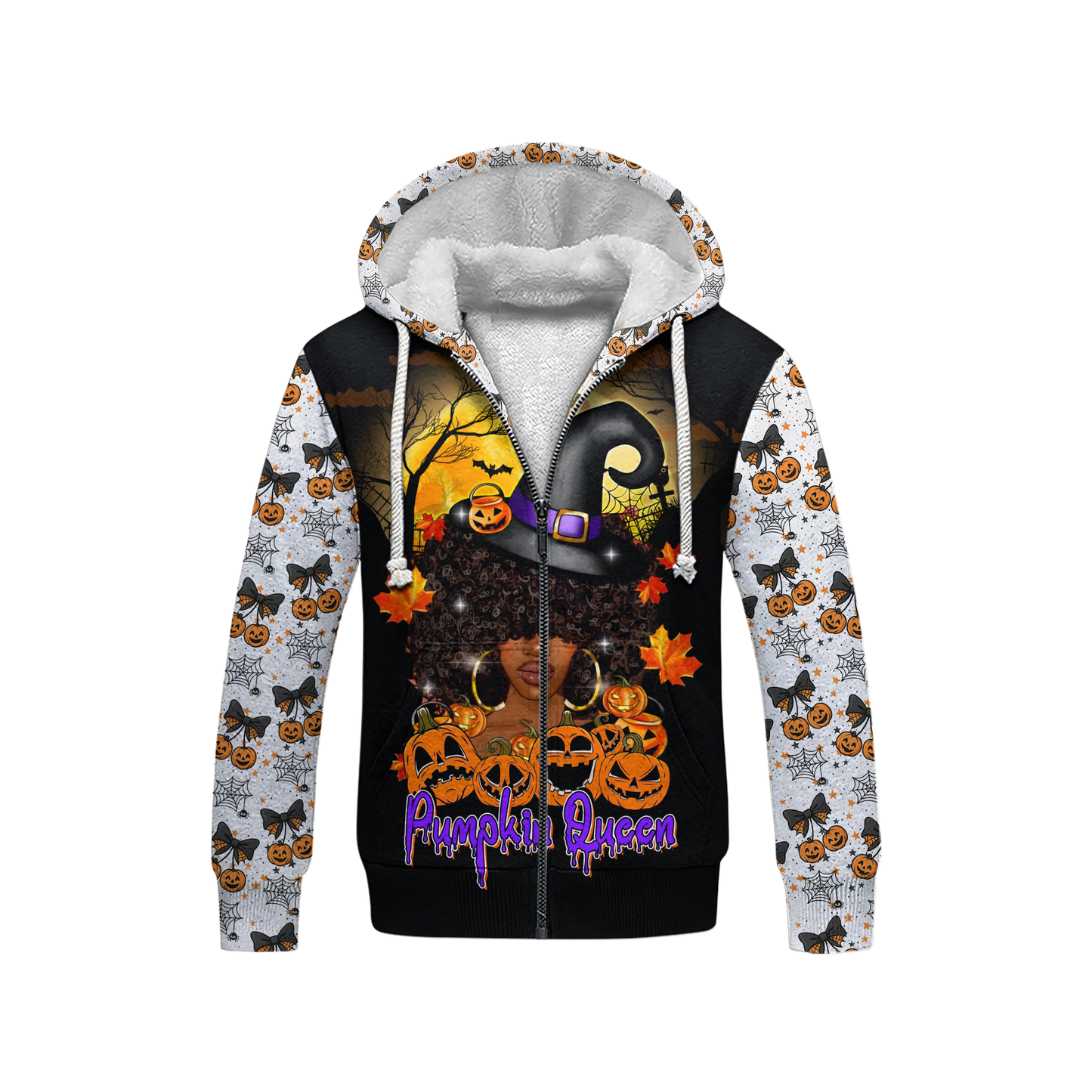 Pumpkin Queen Hoodie – Halloween Witch Girl Zip Up Jacket with Pumpkin Design, Custom Choo