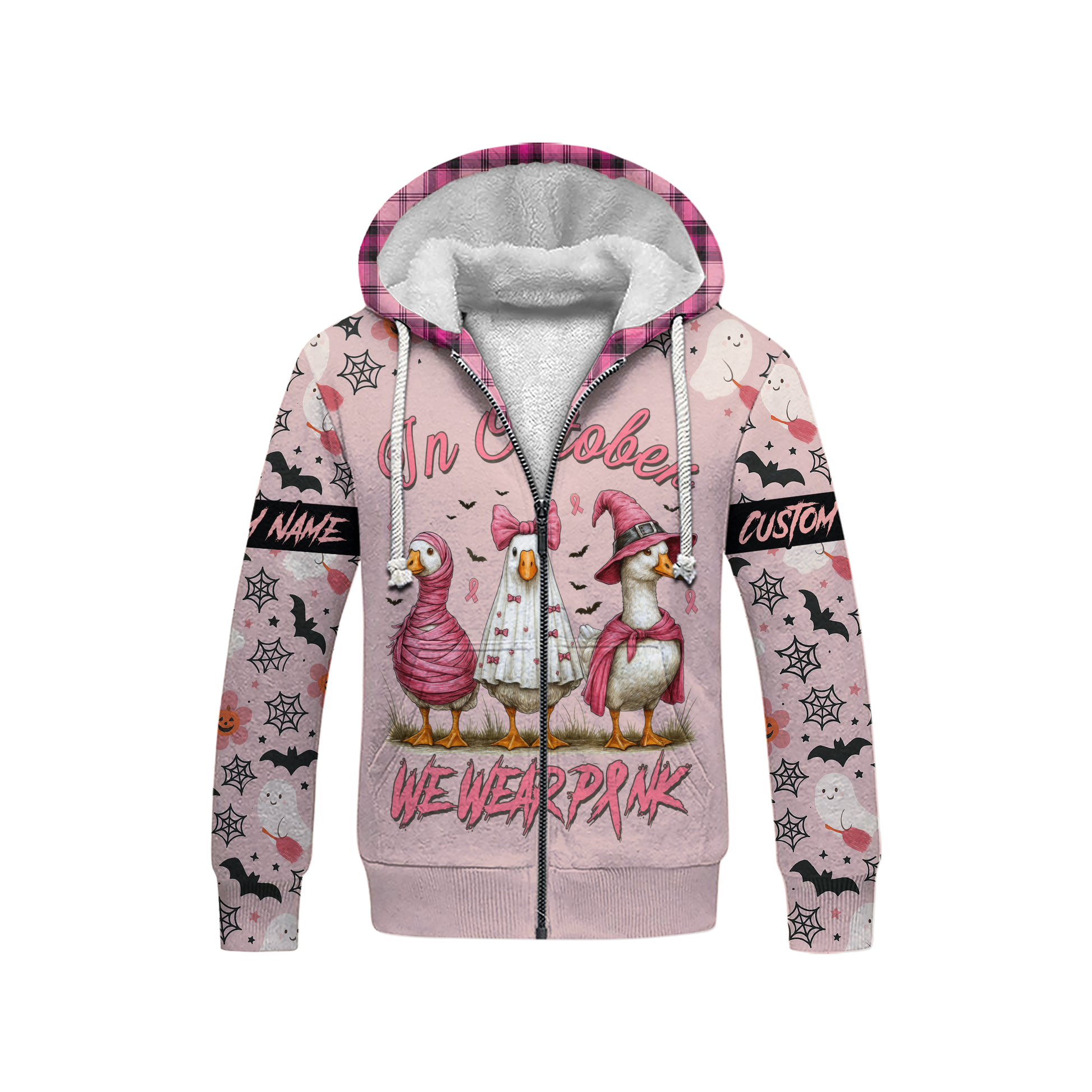 In October We Wear Pink Goose Hoodie – Breast Cancer Awareness Halloween Zip Up, Custom Choo