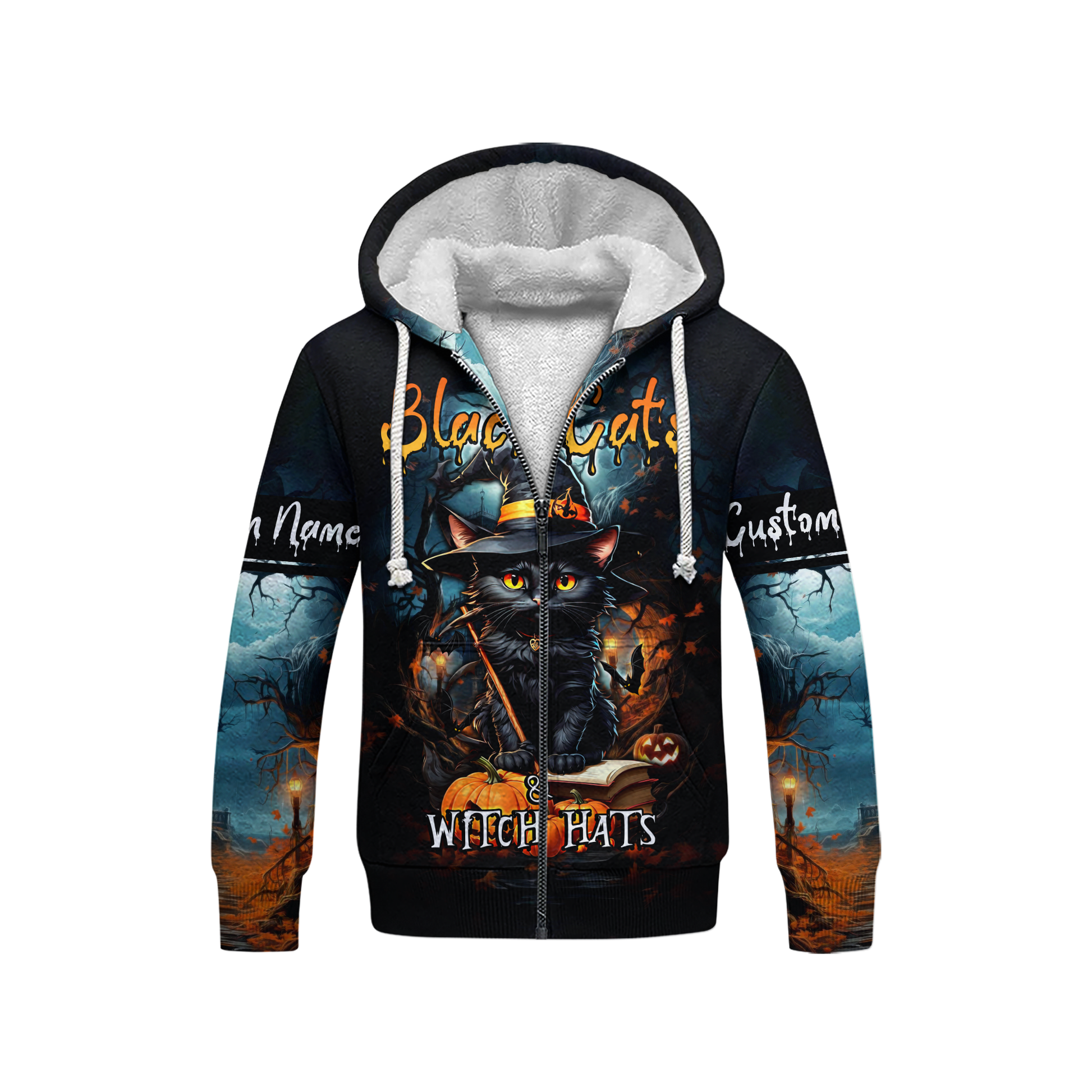 Black Cats & Witch Hats Hoodie – Personalized Halloween Cat Zip Up Jacket, Custom Choo
