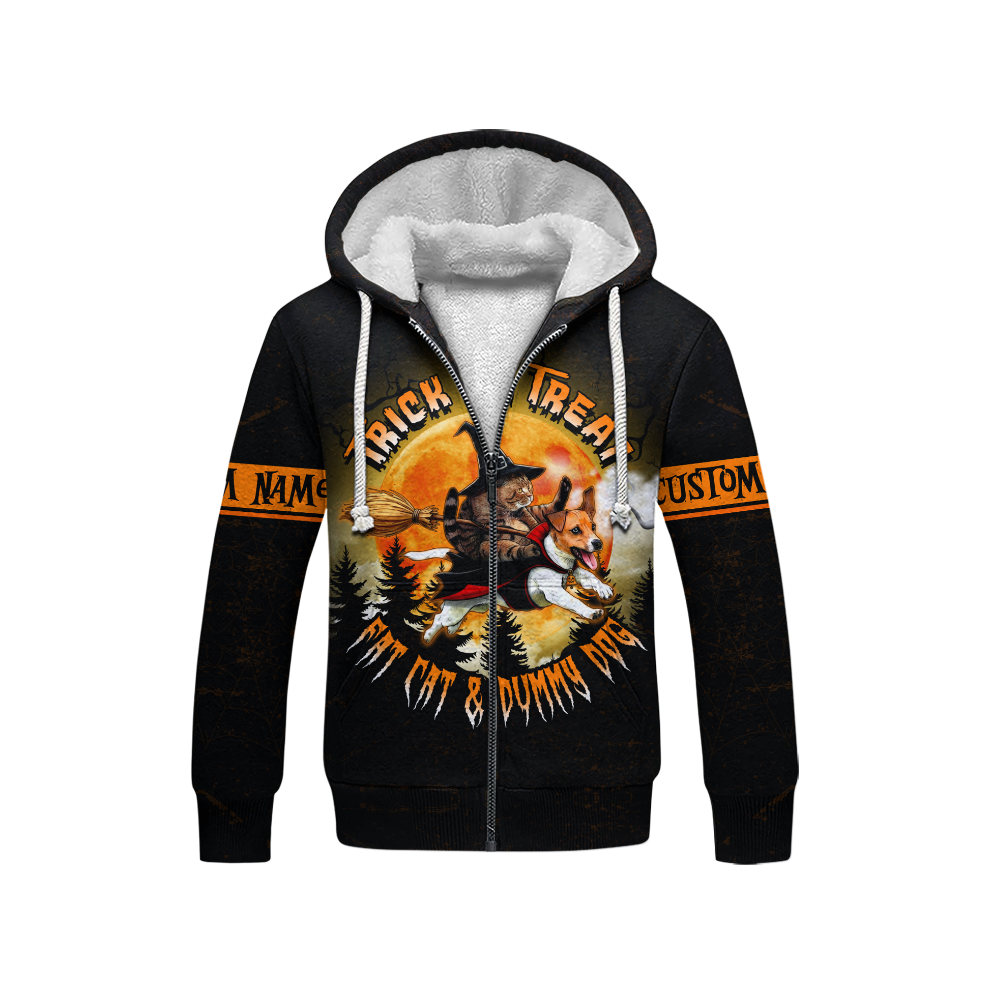 Trick or Treat Hoodie – Fat Cat & Dummy Dog Halloween Zip Up, Custom Name Gift, Custom Choo