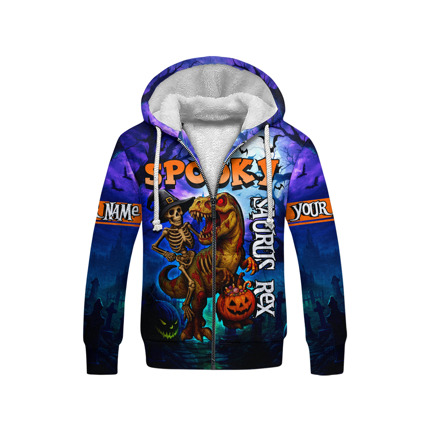 Spooky Saurus Rex Hoodie – Halloween Dinosaur & Skeleton Zip Up, Custom Name Gift, Custom Choo