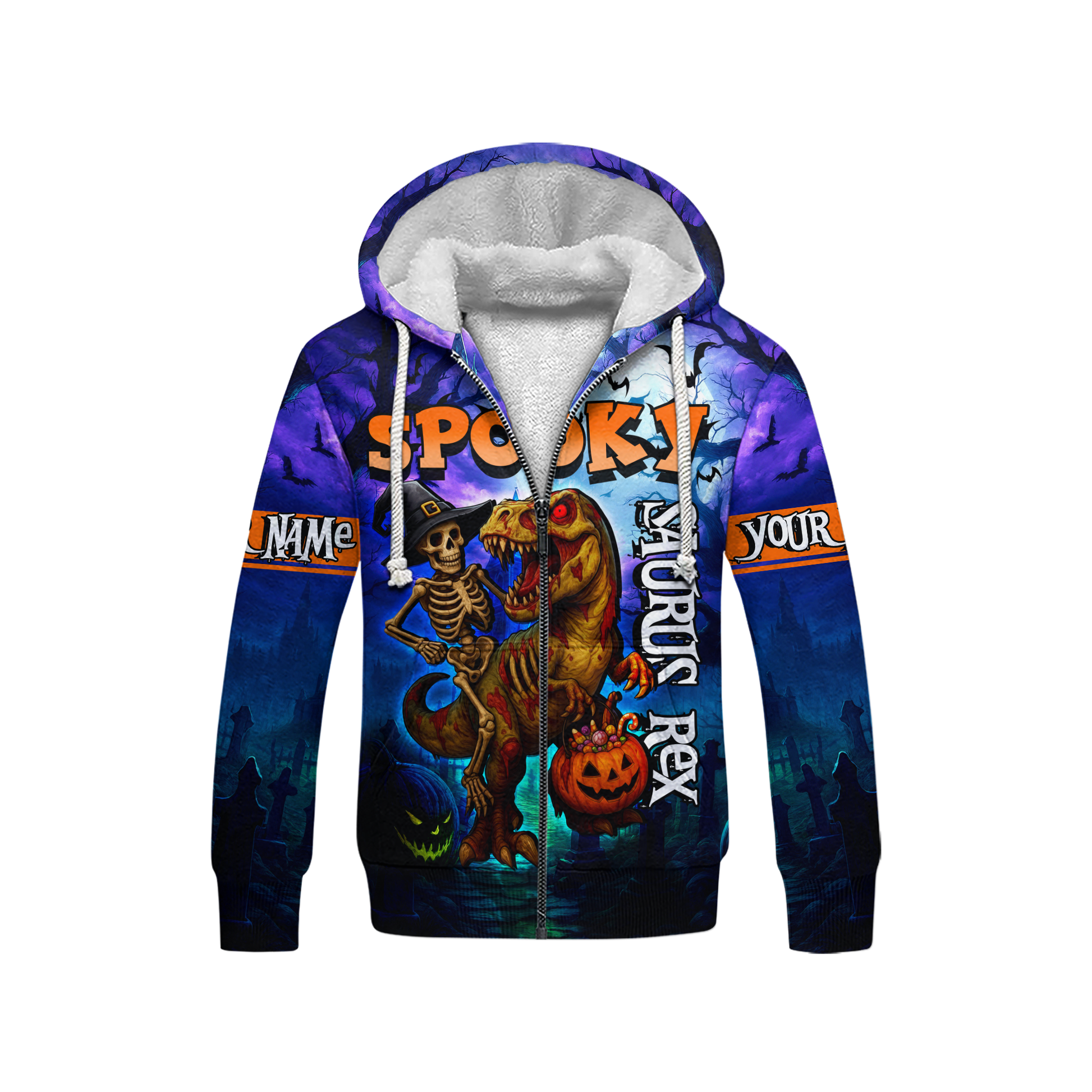 Spooky Saurus Rex Hoodie – Halloween Dinosaur & Skeleton Zip Up, Custom Name Gift, Custom Choo