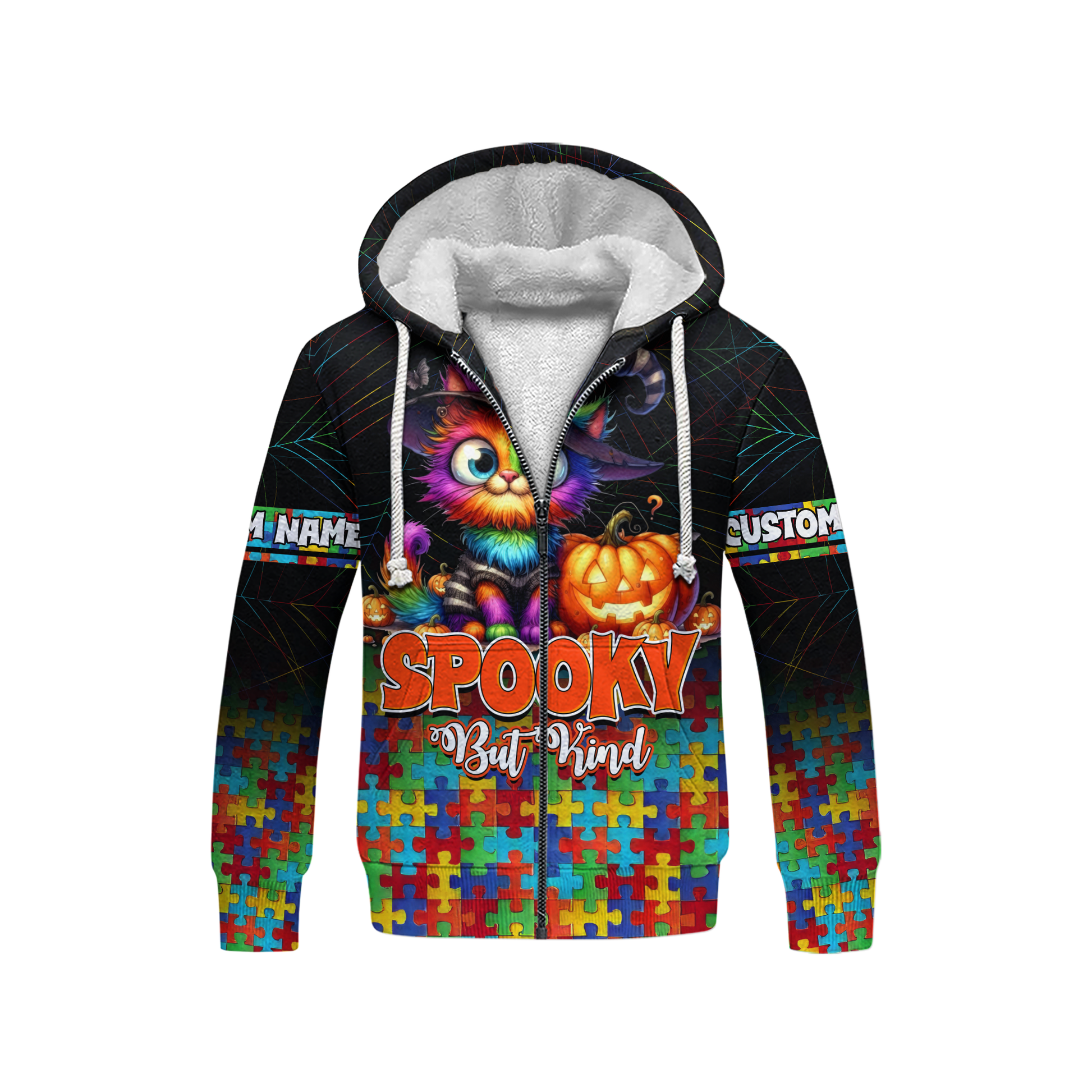 Spooky But Kind Hoodie – Autism Awareness Halloween Cat Zip Up, Custom Name, Custom Choo