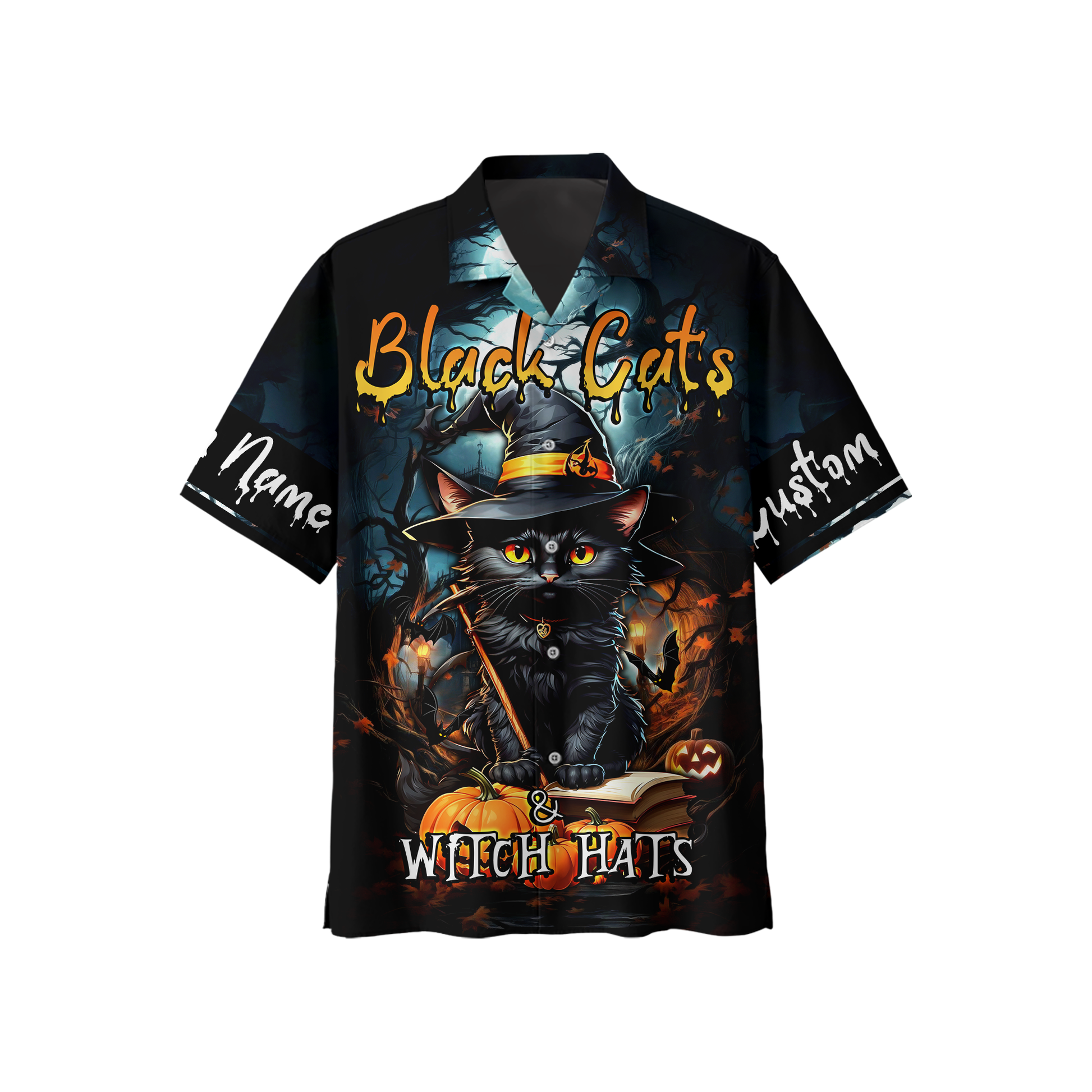 Black Cats & Witch Hats Hoodie – Personalized Halloween Cat Zip Up Jacket, Custom Choo