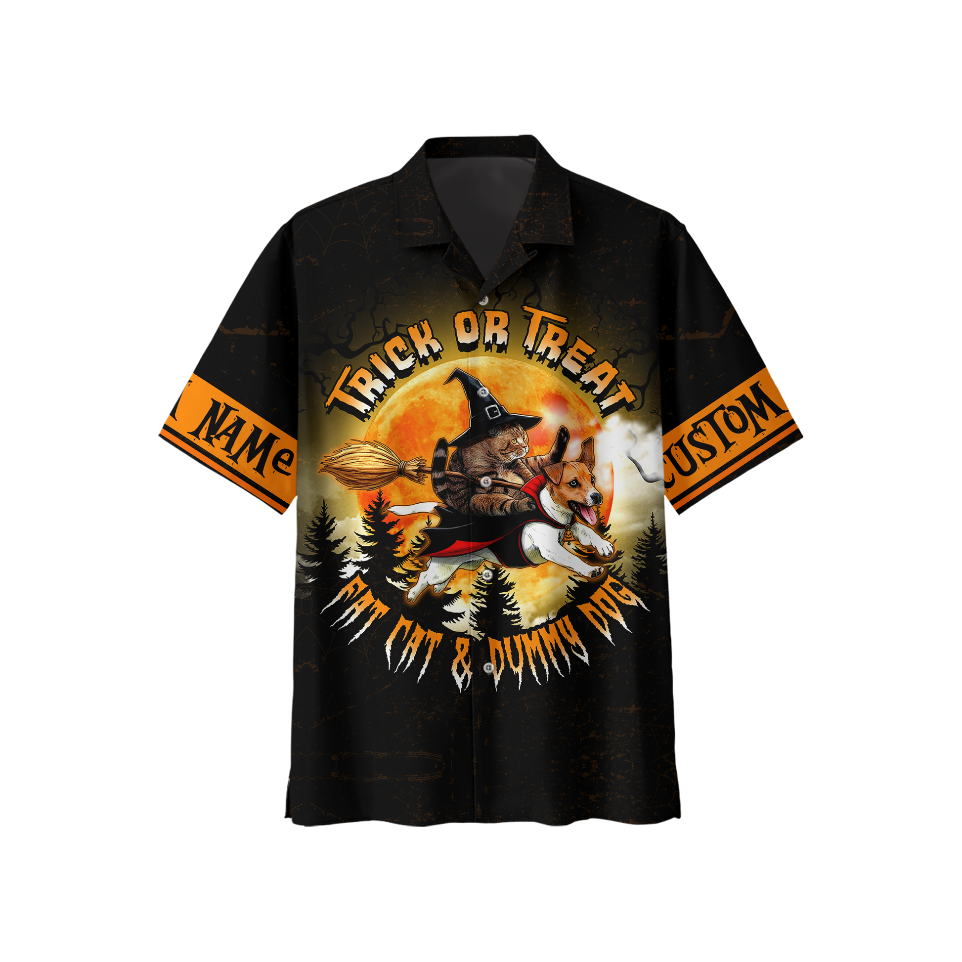 Trick or Treat Hoodie – Fat Cat & Dummy Dog Halloween Zip Up, Custom Name Gift, Custom Choo