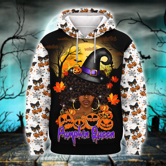 Pumpkin Queen Hoodie – Halloween Witch Girl Zip Up Jacket with Pumpkin Design, Custom Choo