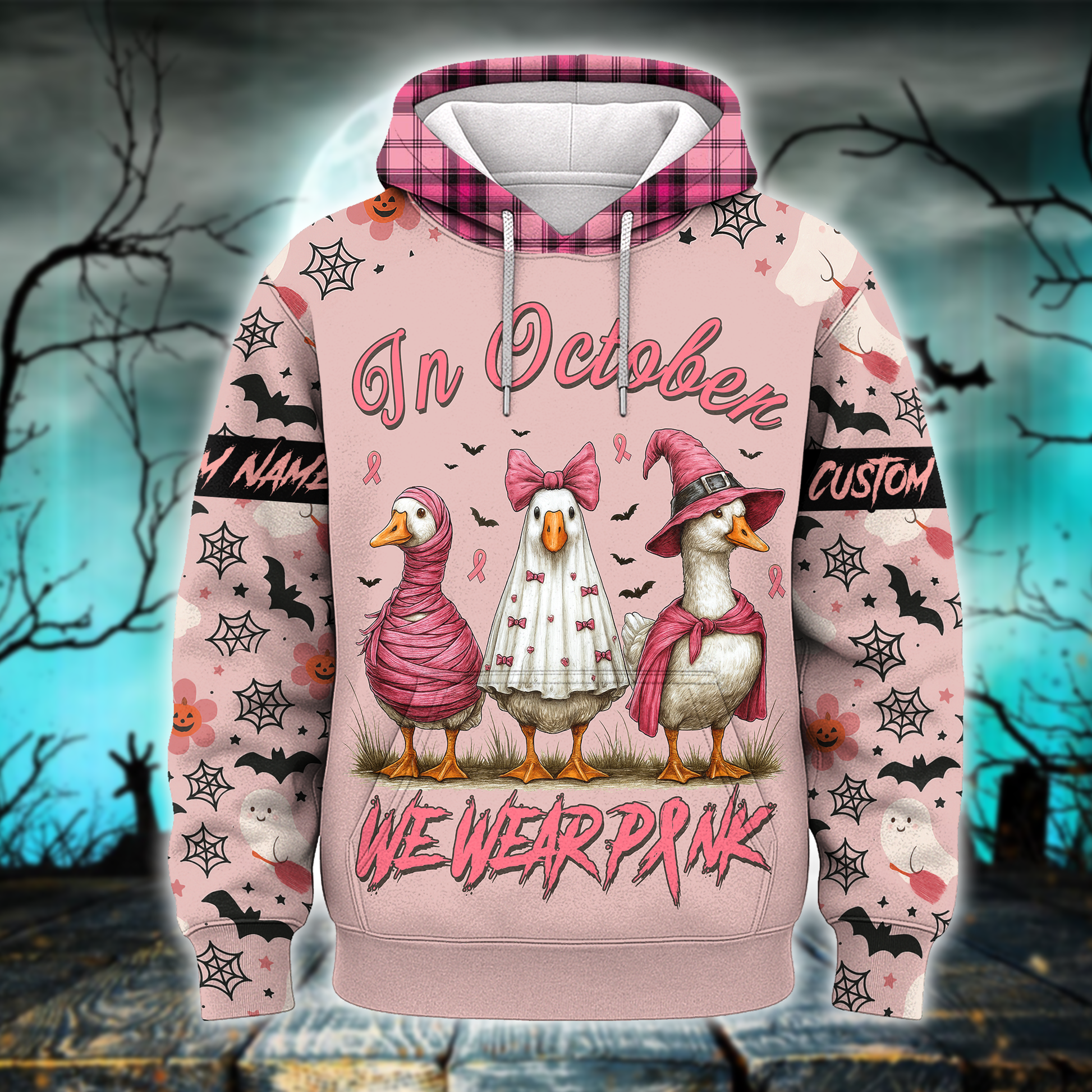 In October We Wear Pink Goose Hoodie – Breast Cancer Awareness Halloween Zip Up, Custom Choo