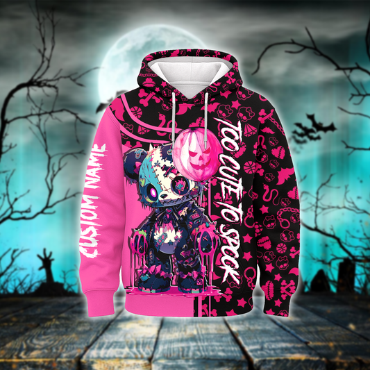 Custom Name Halloween Hoodie – Cute Scary Teddy Bear Pink Black Outfit, Custom Choo