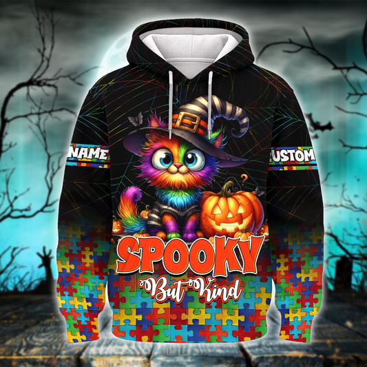 Spooky But Kind Hoodie – Autism Awareness Halloween Cat Zip Up, Custom Name, Custom Choo