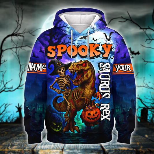 Spooky Saurus Rex Hoodie – Halloween Dinosaur & Skeleton Zip Up, Custom Name Gift, Custom Choo