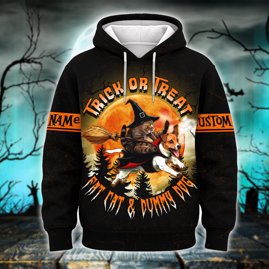 Trick or Treat Hoodie – Fat Cat & Dummy Dog Halloween Zip Up, Custom Name Gift, Custom Choo