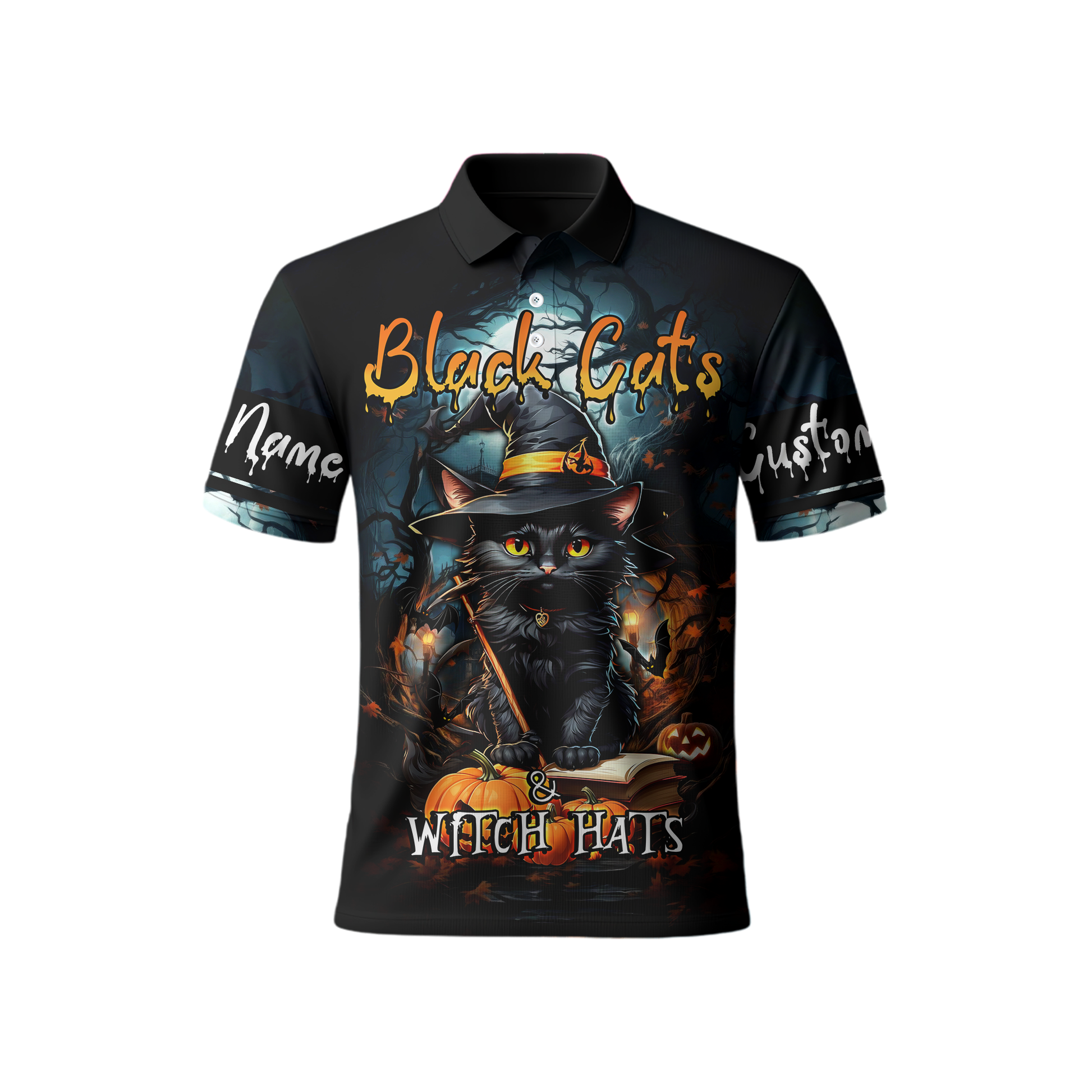 Black Cats & Witch Hats Hoodie – Personalized Halloween Cat Zip Up Jacket, Custom Choo