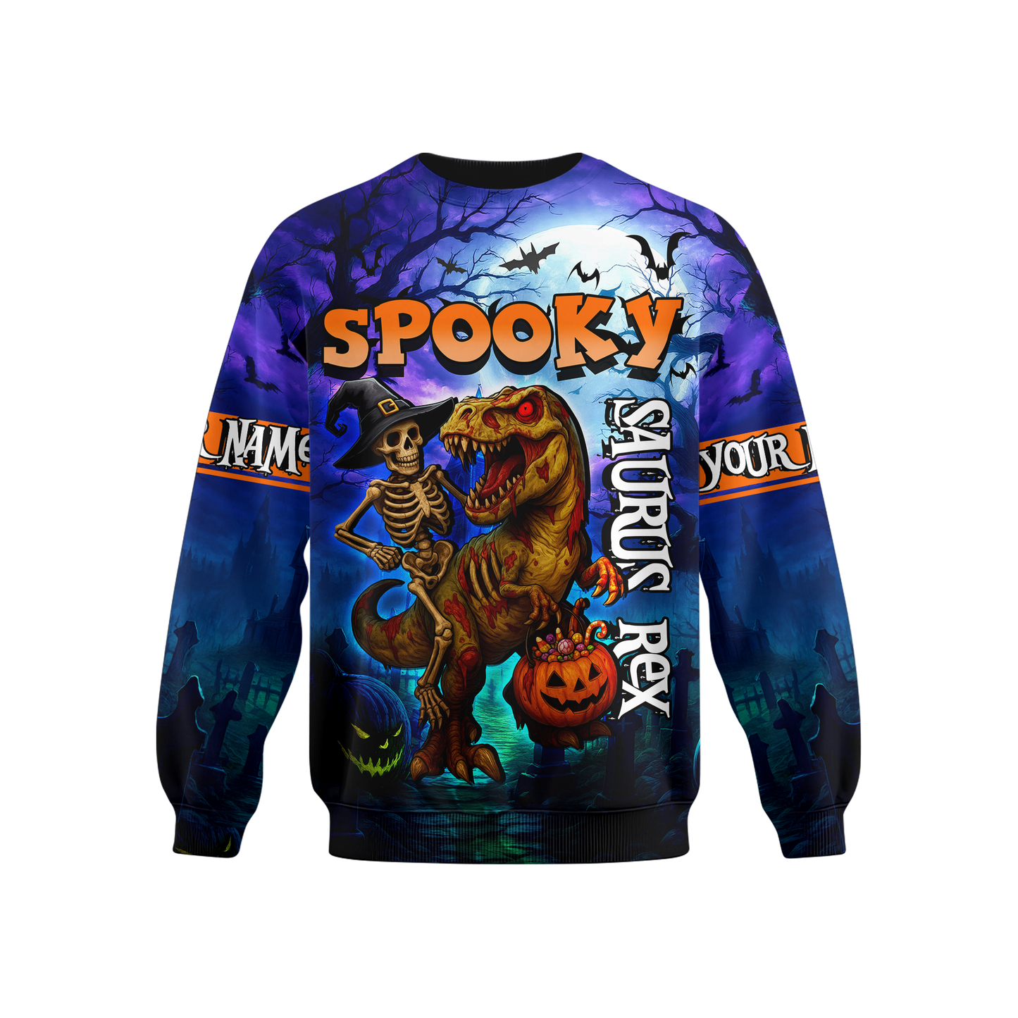 Spooky Saurus Rex Hoodie – Halloween Dinosaur & Skeleton Zip Up, Custom Name Gift, Custom Choo