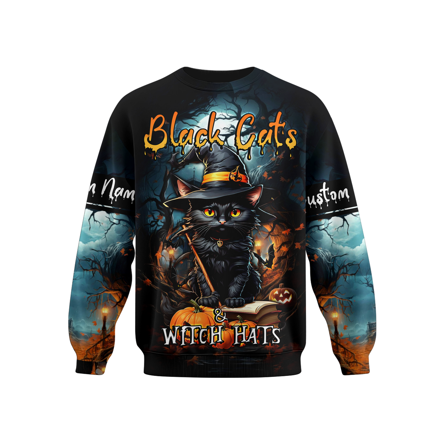 Black Cats & Witch Hats Hoodie – Personalized Halloween Cat Zip Up Jacket, Custom Choo