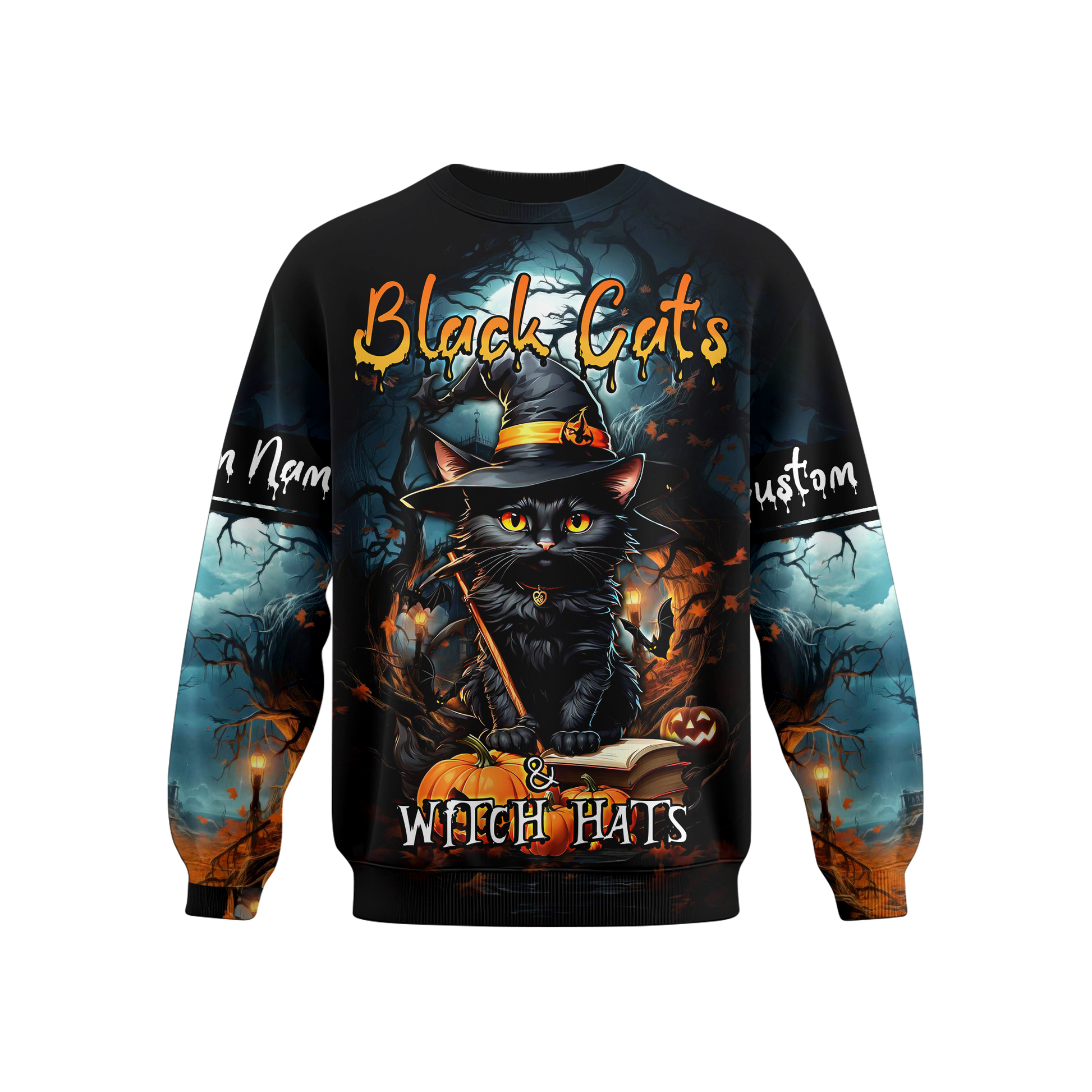 Black Cats & Witch Hats Hoodie – Personalized Halloween Cat Zip Up Jacket, Custom Choo