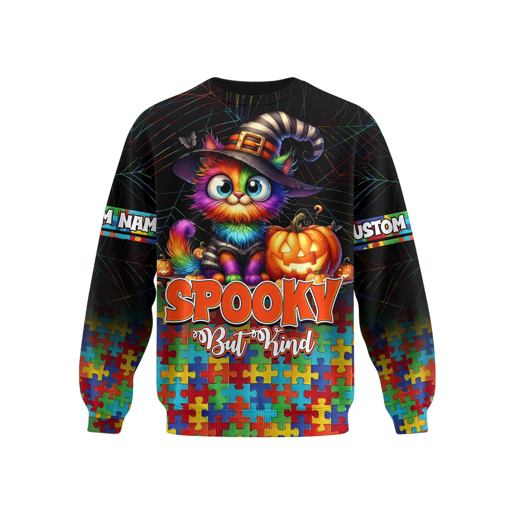 Spooky But Kind Hoodie – Autism Awareness Halloween Cat Zip Up, Custom Name, Custom Choo