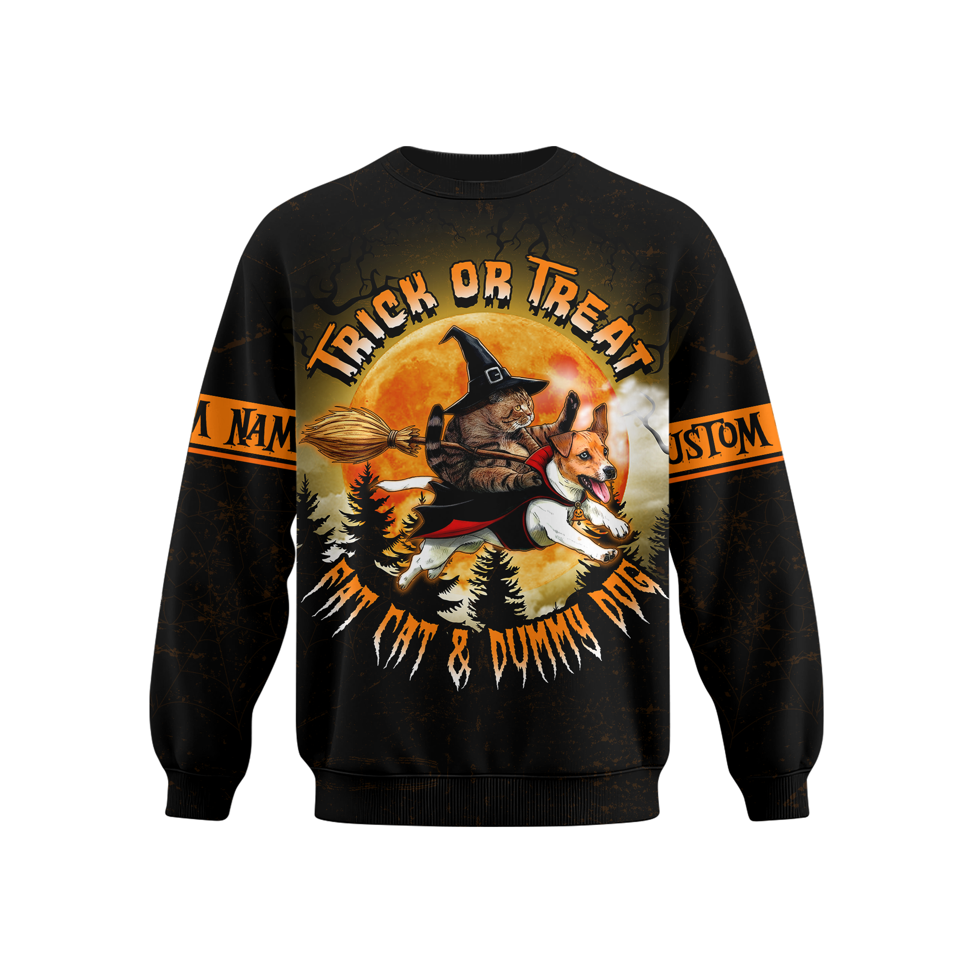 Trick or Treat Hoodie – Fat Cat & Dummy Dog Halloween Zip Up, Custom Name Gift, Custom Choo