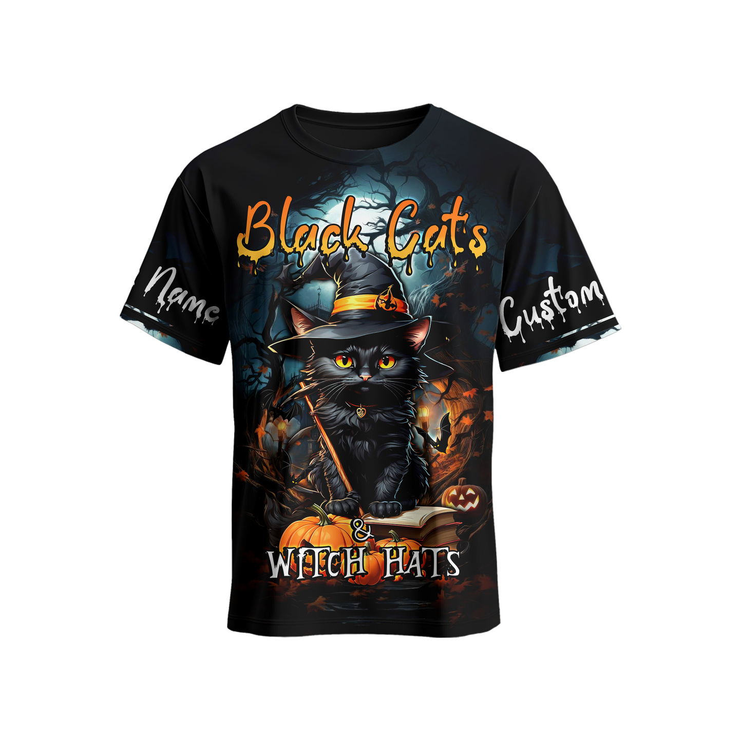 Black Cats & Witch Hats Hoodie – Personalized Halloween Cat Zip Up Jacket, Custom Choo