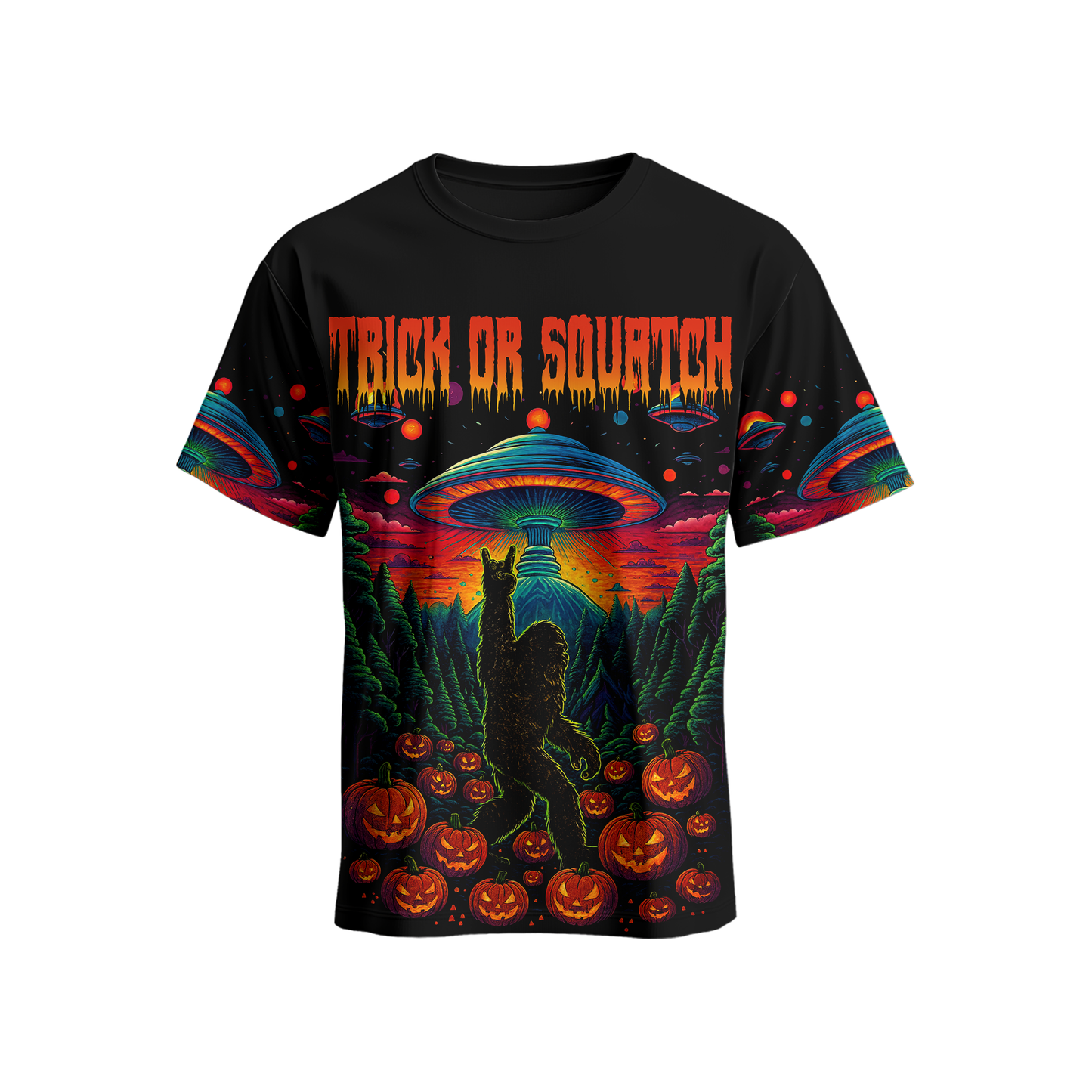 Psychedelic Bigfoot & Alien Abduction Halloween Shirt