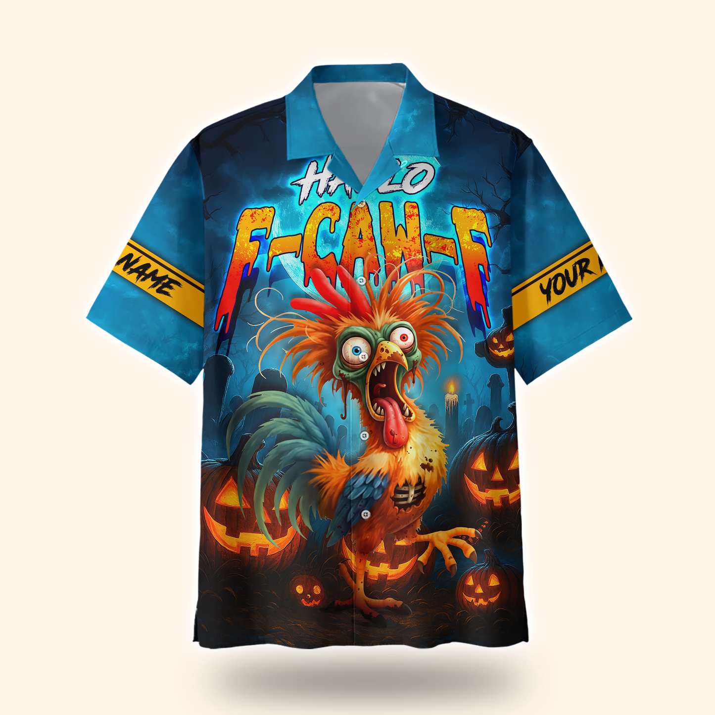 Funny Chicken Halloween Hoodie – Hallo F-Caw-F Scared Rooster – Custom Name Zip Up Hoodie, Custom Choo