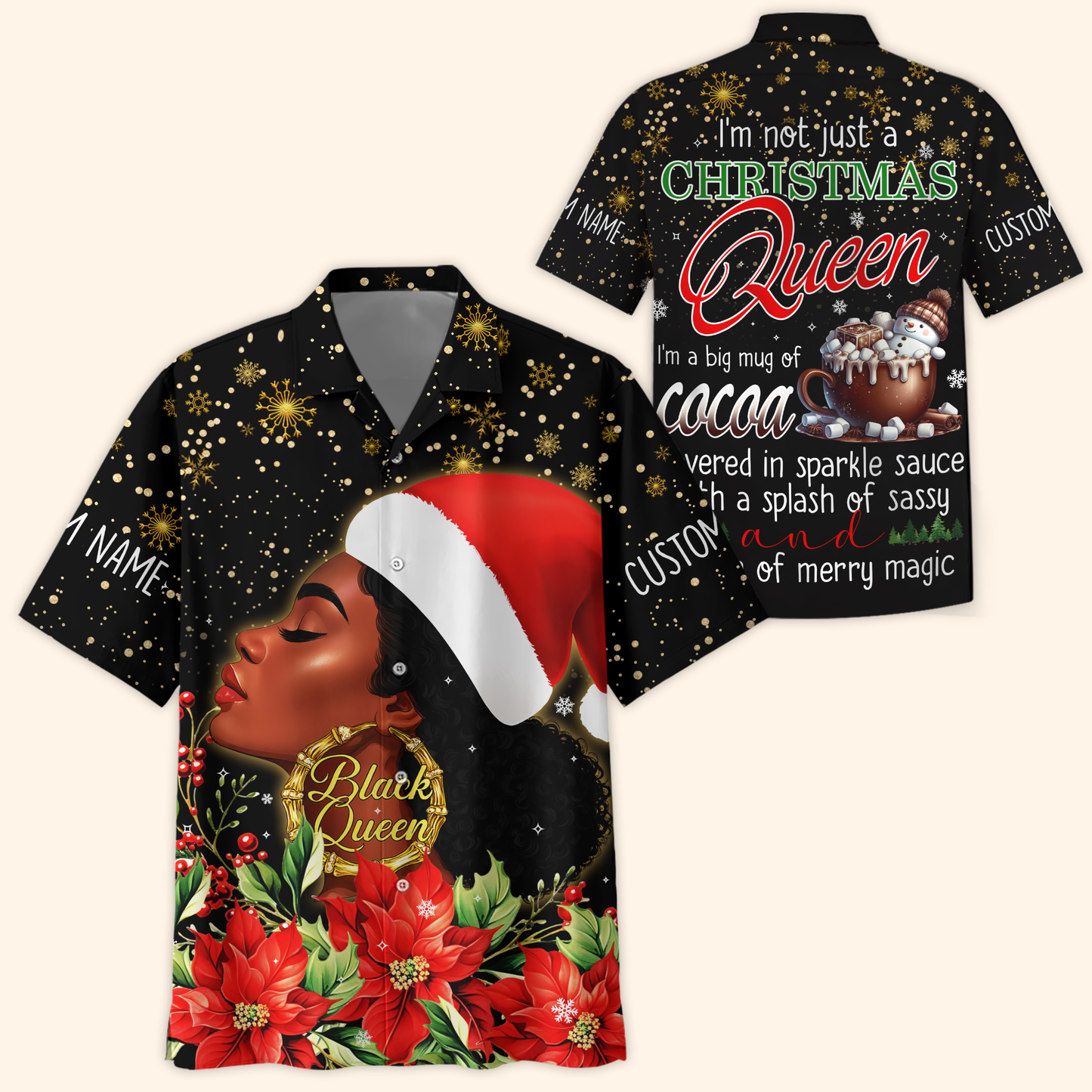 Christmas Queen Hoodie – Black Queen Holiday Zip Up, Sassy Cocoa Quote Hoodie, Custom Name Christmas Gift for Her