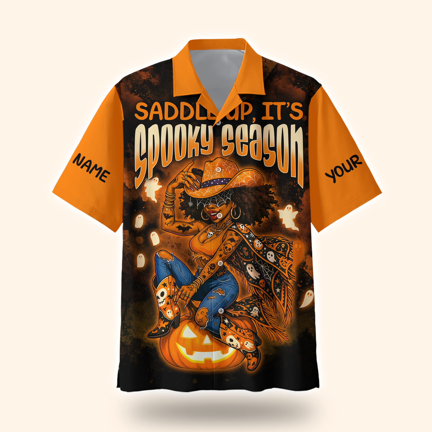 Personalized Spooky Season Hoodie – Cowboy Riding Pumpkin Halloween Jacket, Custom Choo