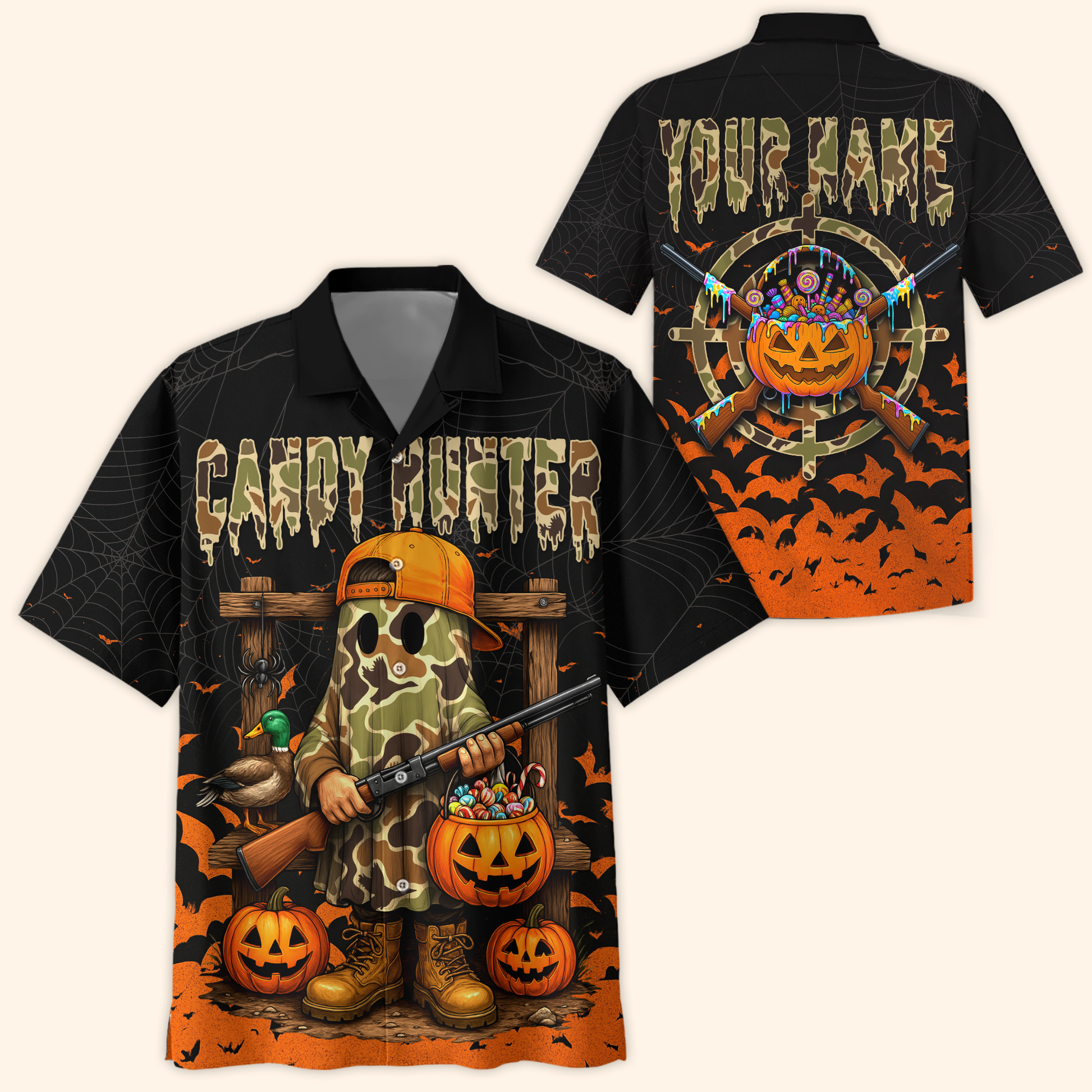 Candy Hunter Halloween Hoodie – Funny Ghost Hunter with Pumpkins & Candy, Custom Name, Custom Choo