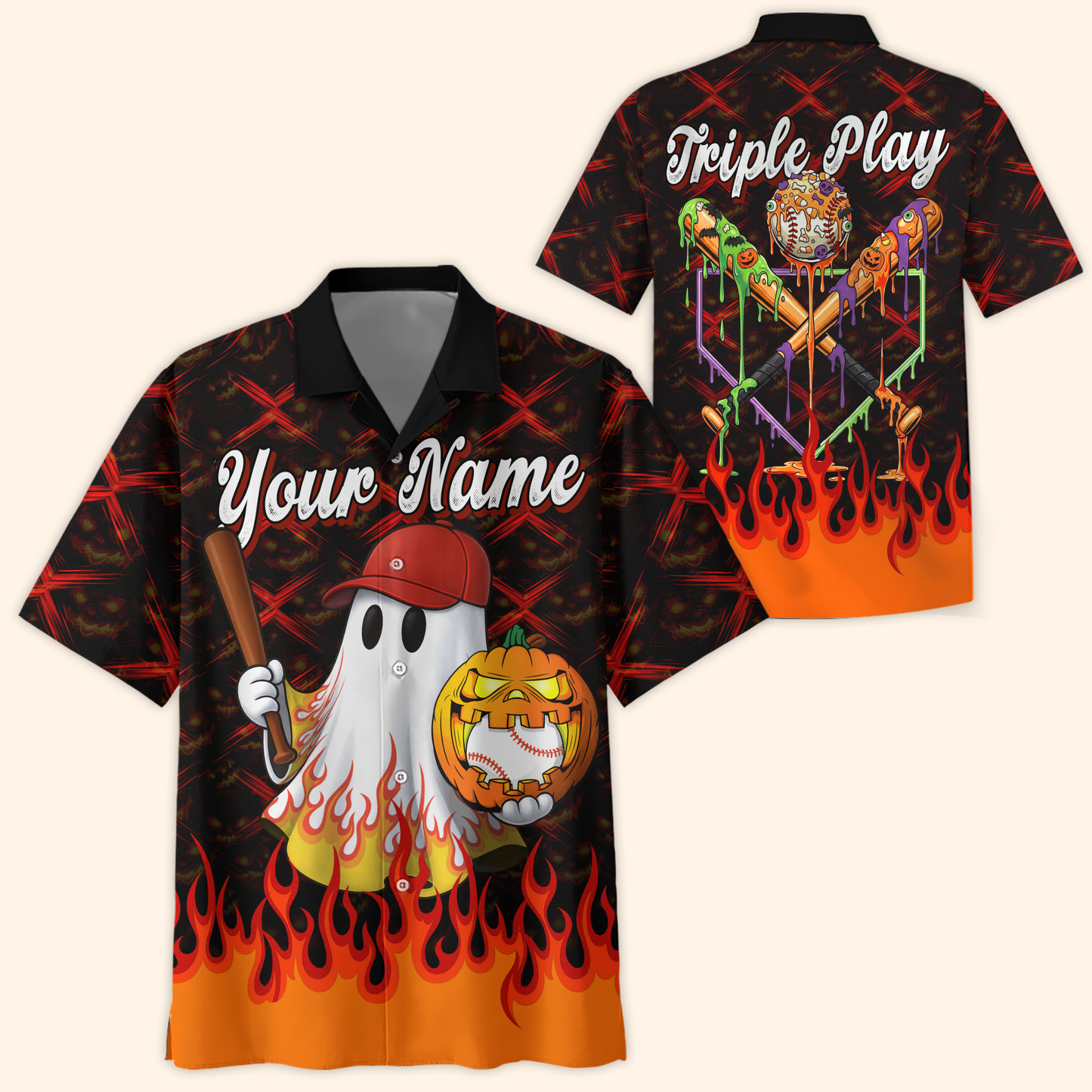 Personalized Baseball Halloween Hoodie – Ghost with Pumpkin & Bat, Custom Name Zip Up, Custom Choo