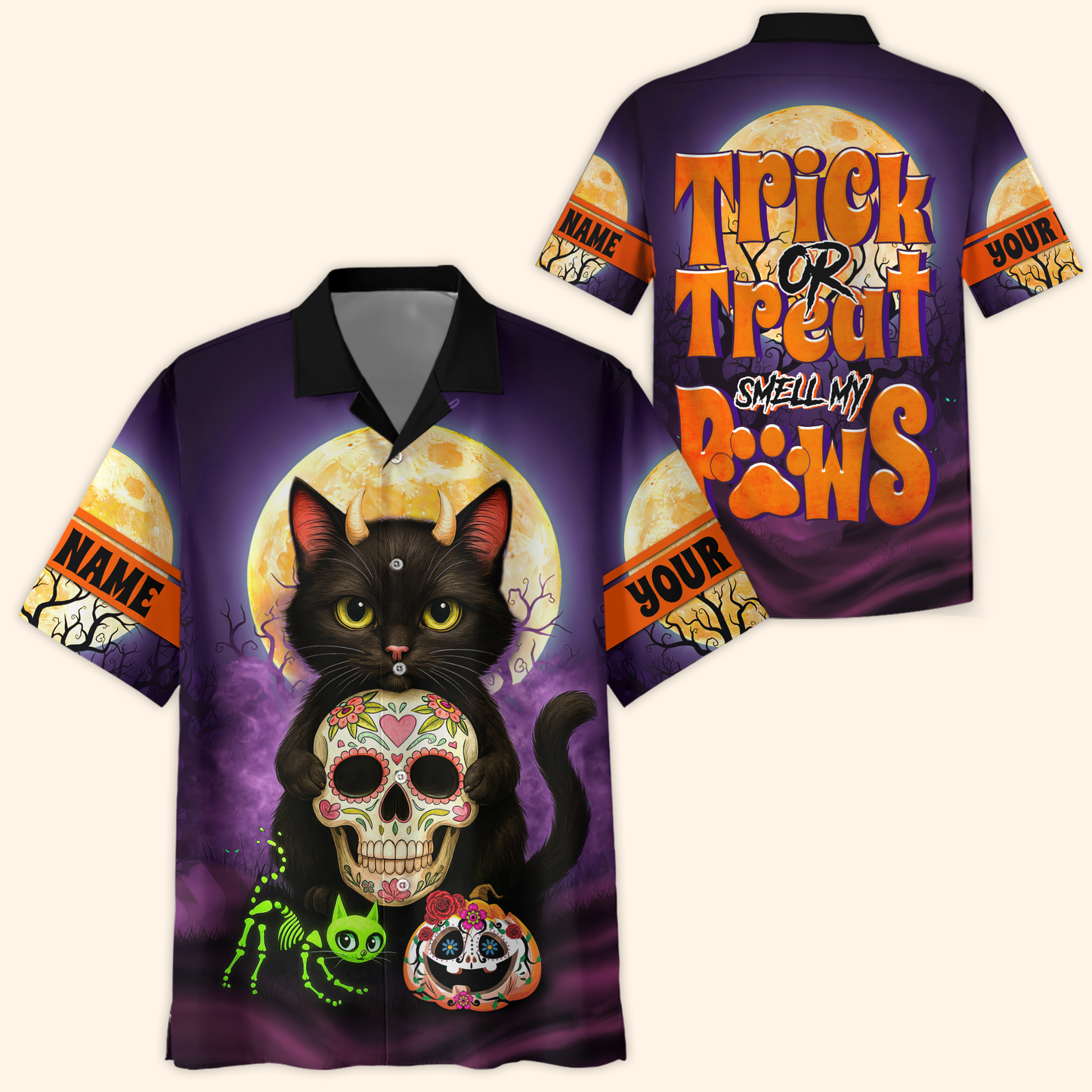 Trick or Treat Smell My Paws Hoodie – Halloween Black Cat & Sugar Skull, Custom Name Zip Up, Custom Choo