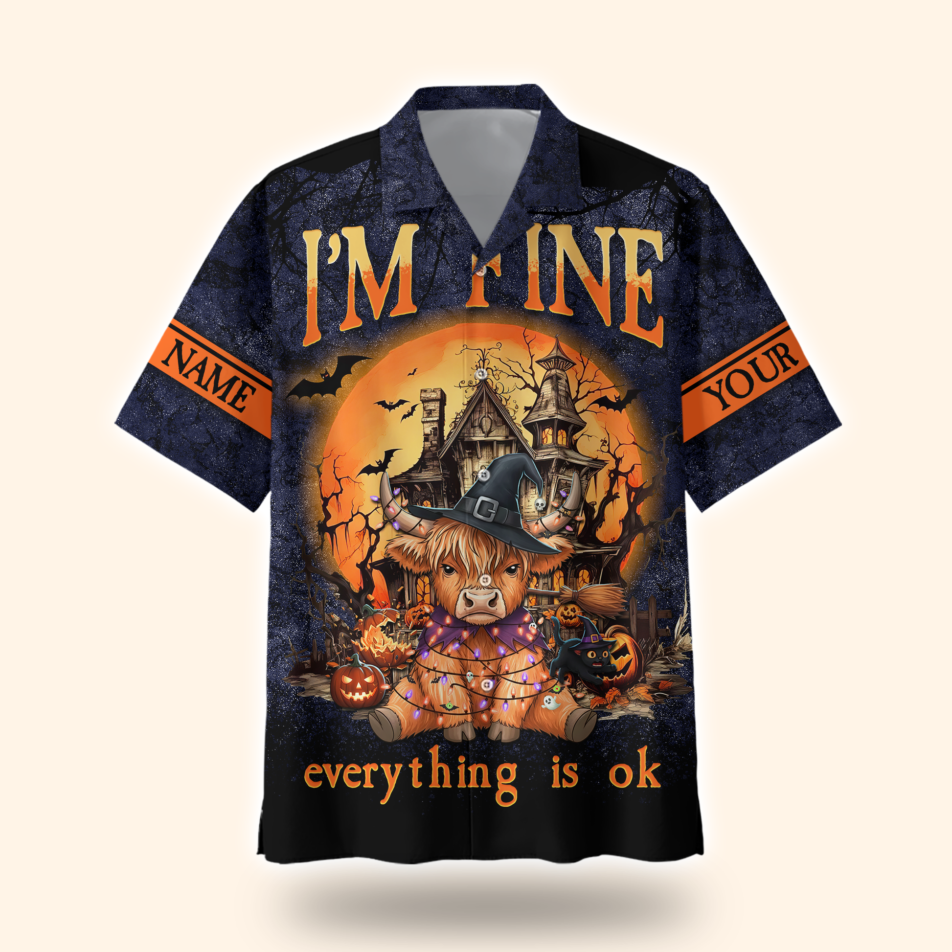 Personalized Halloween Cow Hoodie – "I’m Fine Everything Is Ok" Zip Up, Custom Name Gift, Custom Choo
