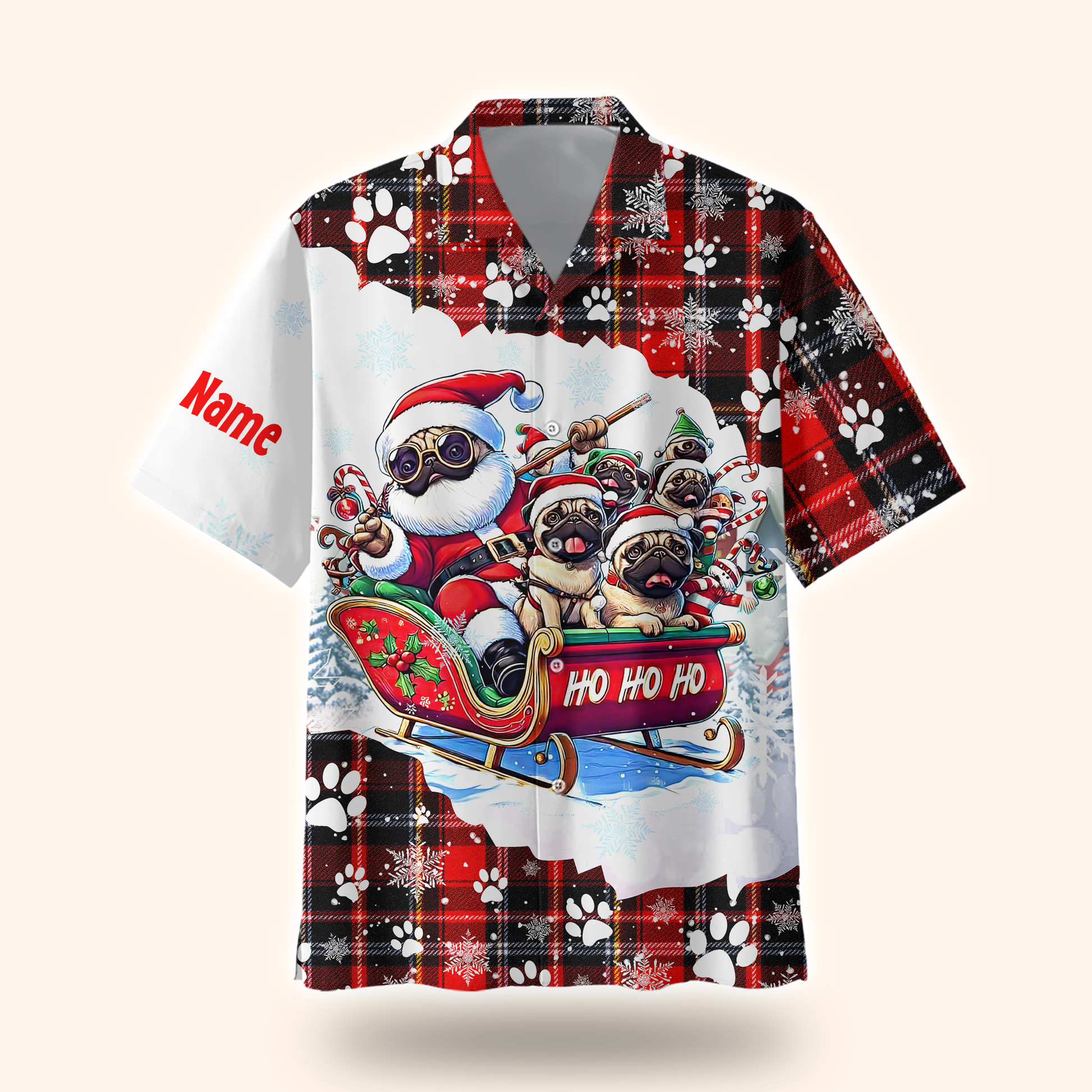 Christmas Pug Hoodie – Santa Sleigh Ride Plaid Hoodie – Custom Name Dog Lovers Gift, Custom Choo