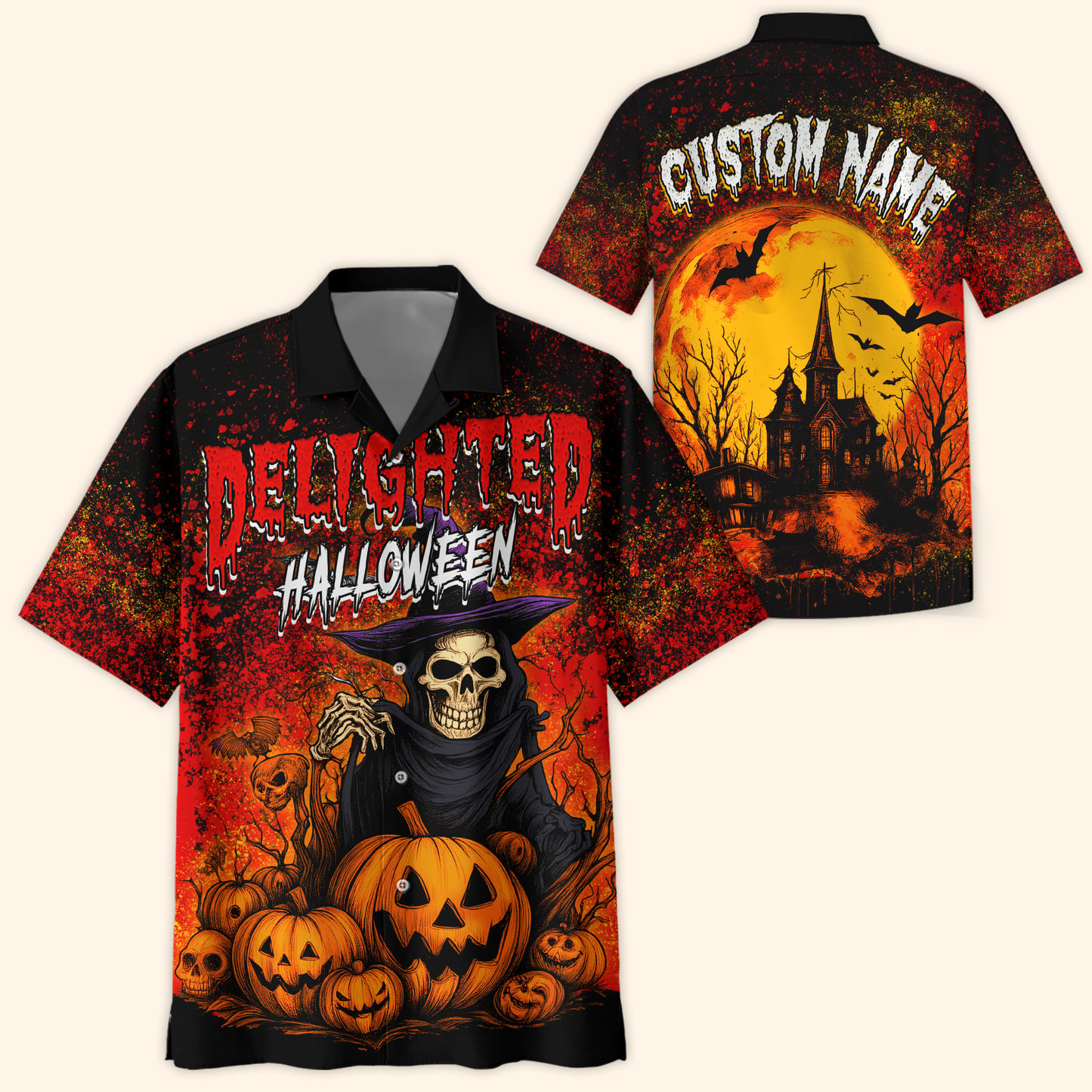 Delighted Halloween Hoodie – Grim Reaper Skeleton with Pumpkins – Custom Name Zip Up, Custom Choo