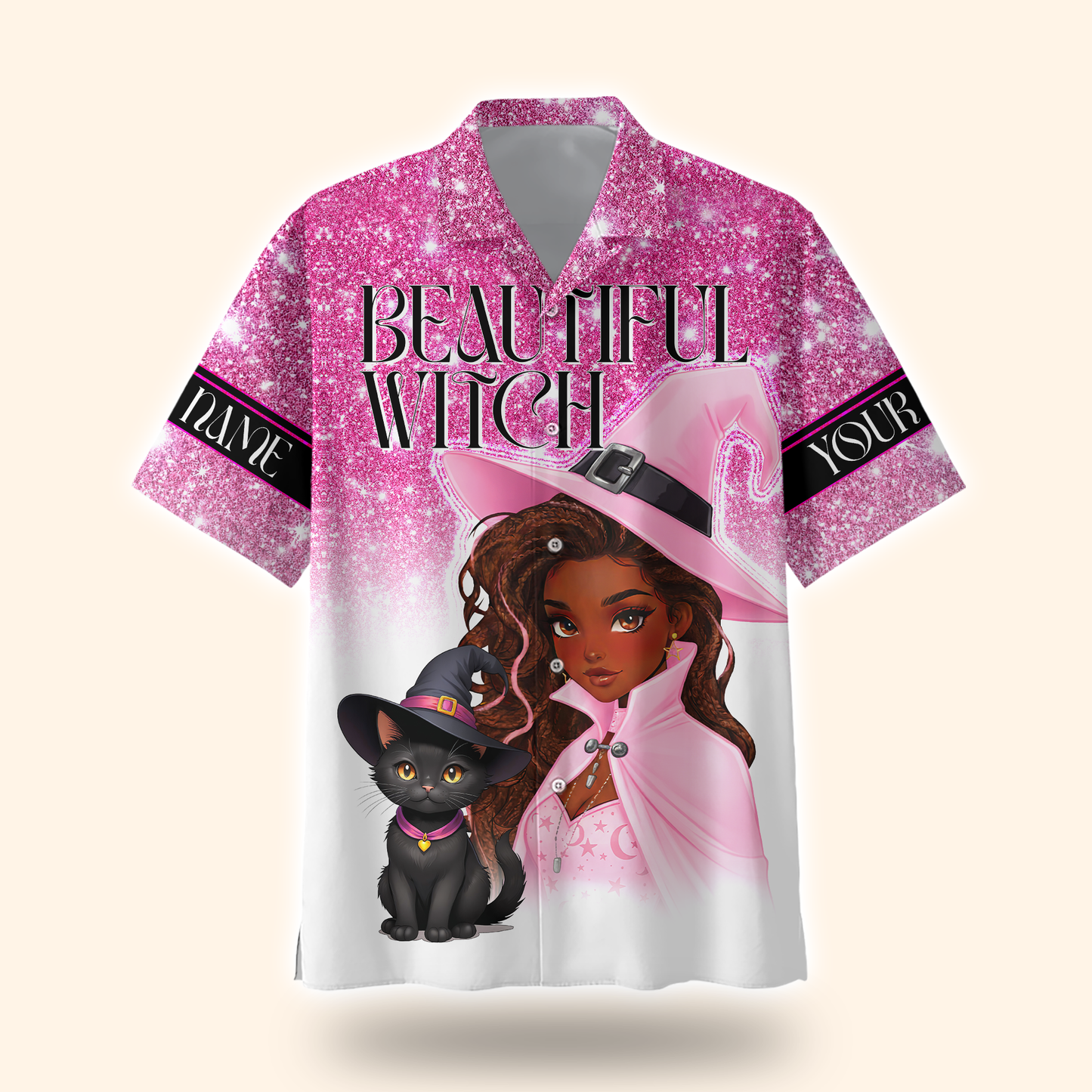 Personalized Beautiful Witch Hoodie – Pink Witch and Black Cat Halloween Zip Up, Custom Choo