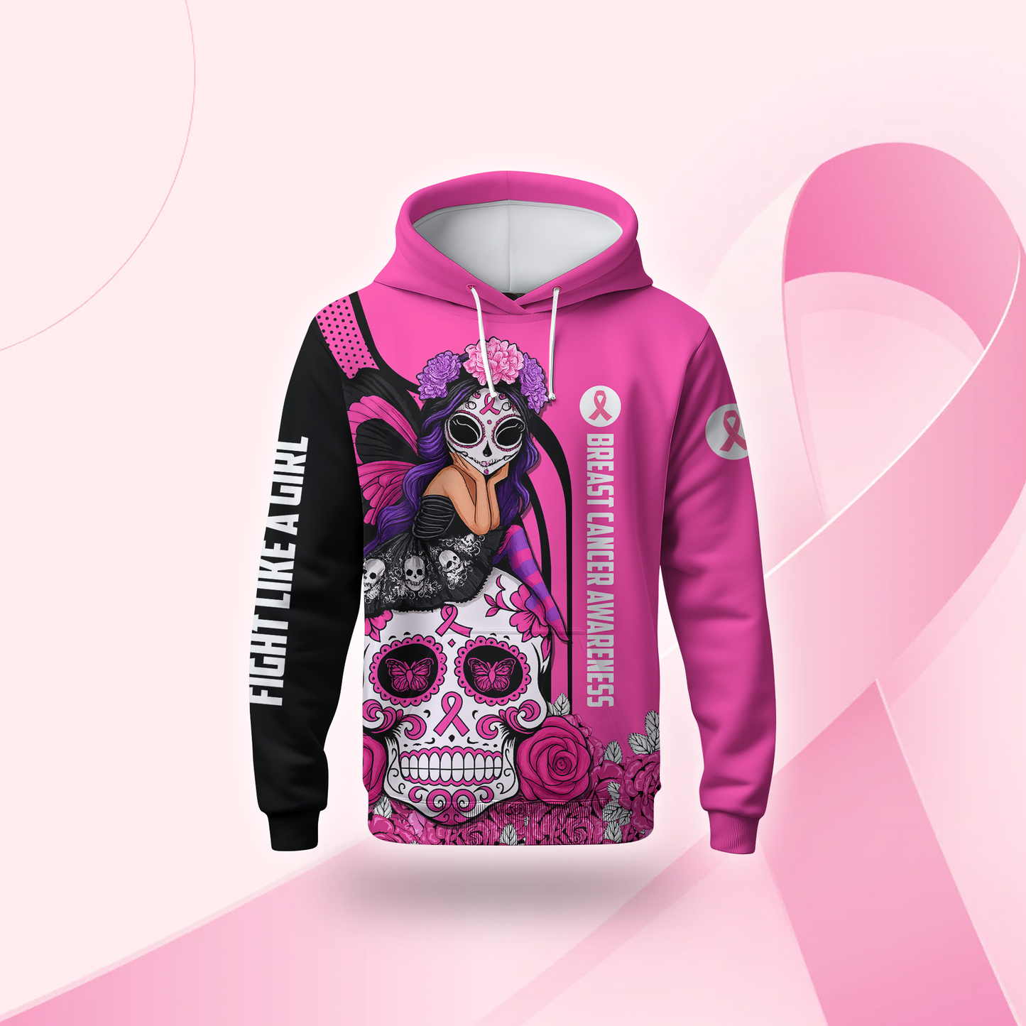 Breast Cancer Awareness Gothic Fairy on Sugar Skull "Fight Like A Girl"