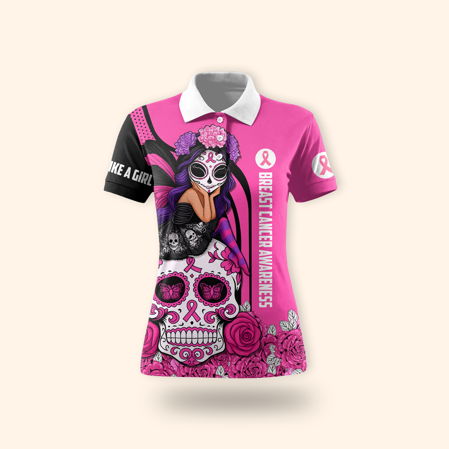 Breast Cancer Awareness Gothic Fairy on Sugar Skull "Fight Like A Girl"