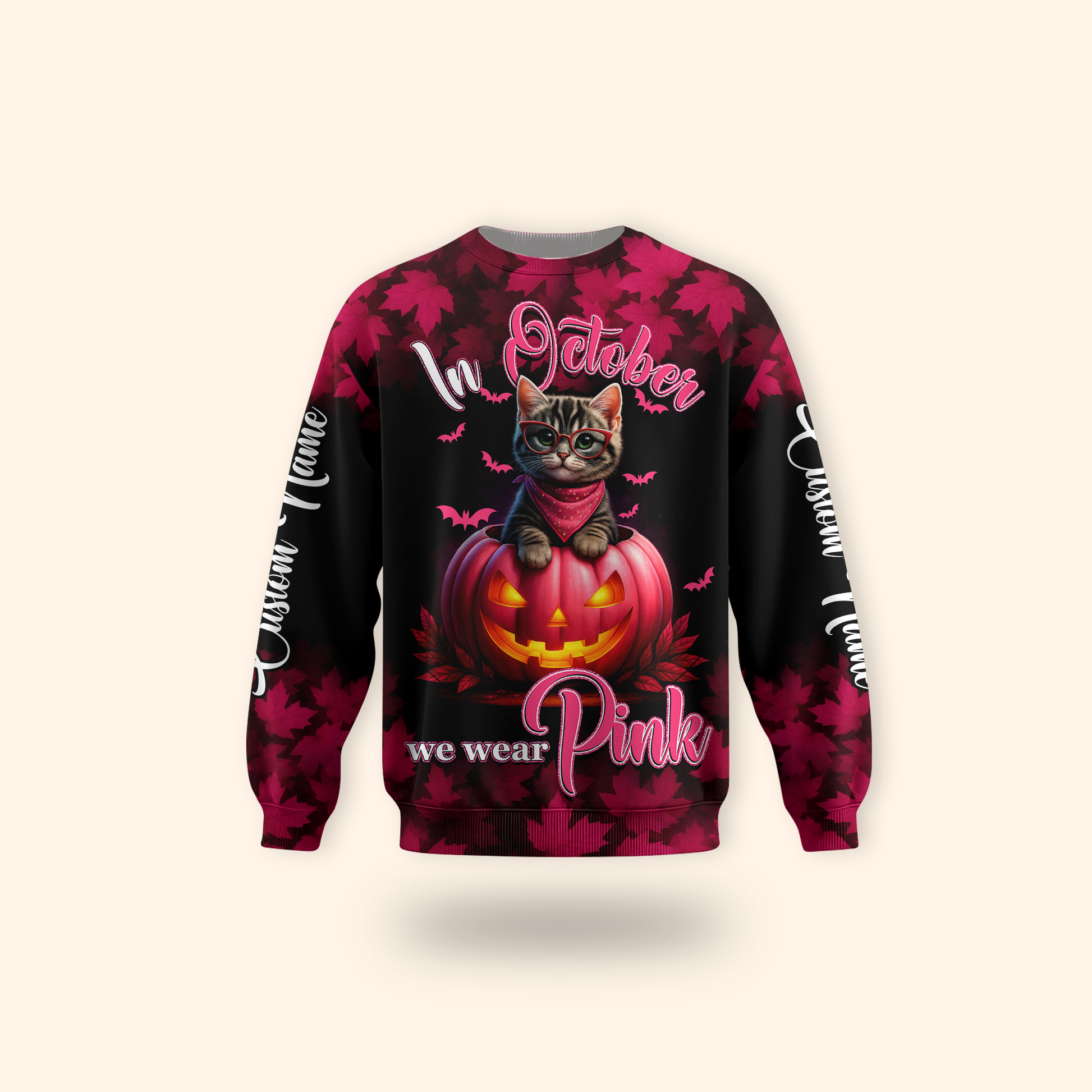 In October We Wear Pink Cat Hoodie – Halloween Pumpkin Breast Cancer Awareness Sweatshirt, Custom Choo