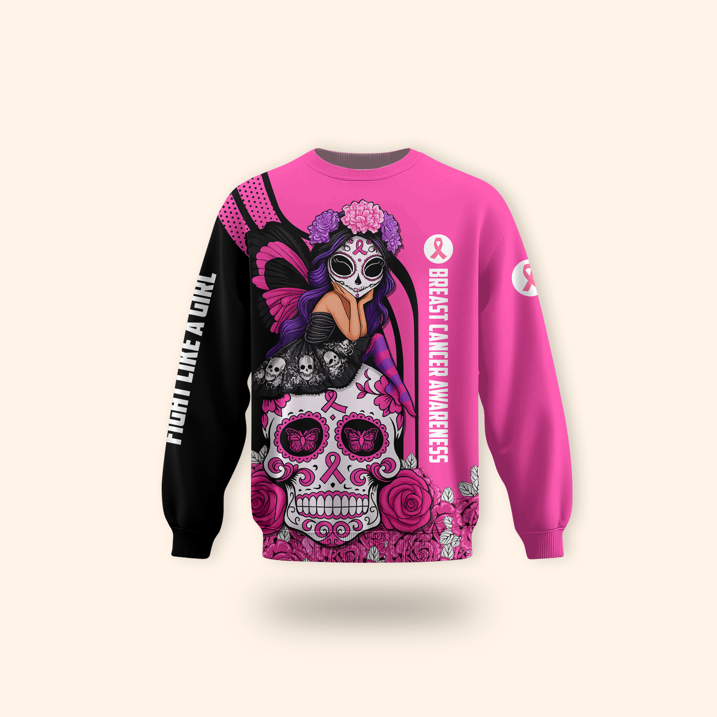 Breast Cancer Awareness Gothic Fairy on Sugar Skull "Fight Like A Girl"