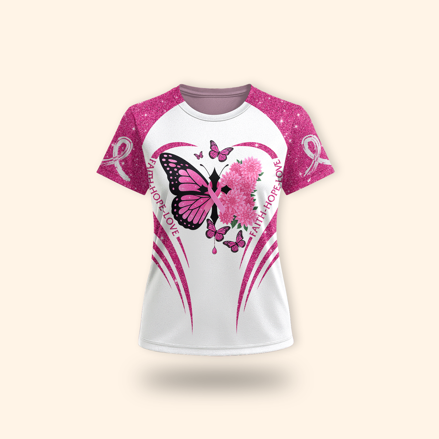 Faith Hope Love Cross-Marked Butterfly - Breast Cancer Awareness Shirt